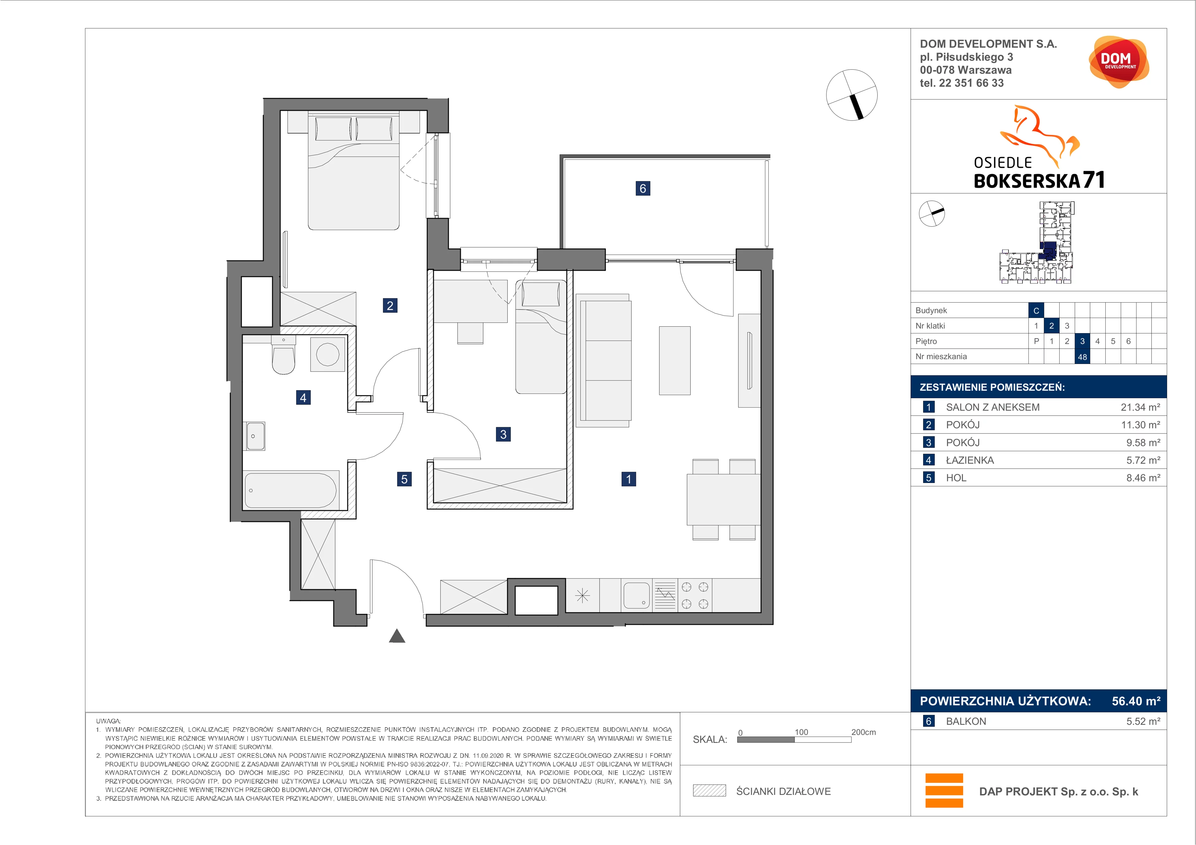 3 pokoje, mieszkanie 56,40 m², piętro 3, oferta nr C/48, Bokserska 71 etap 2.2, Warszawa, Ursynów, Wyczółki, ul. Bokserska 71