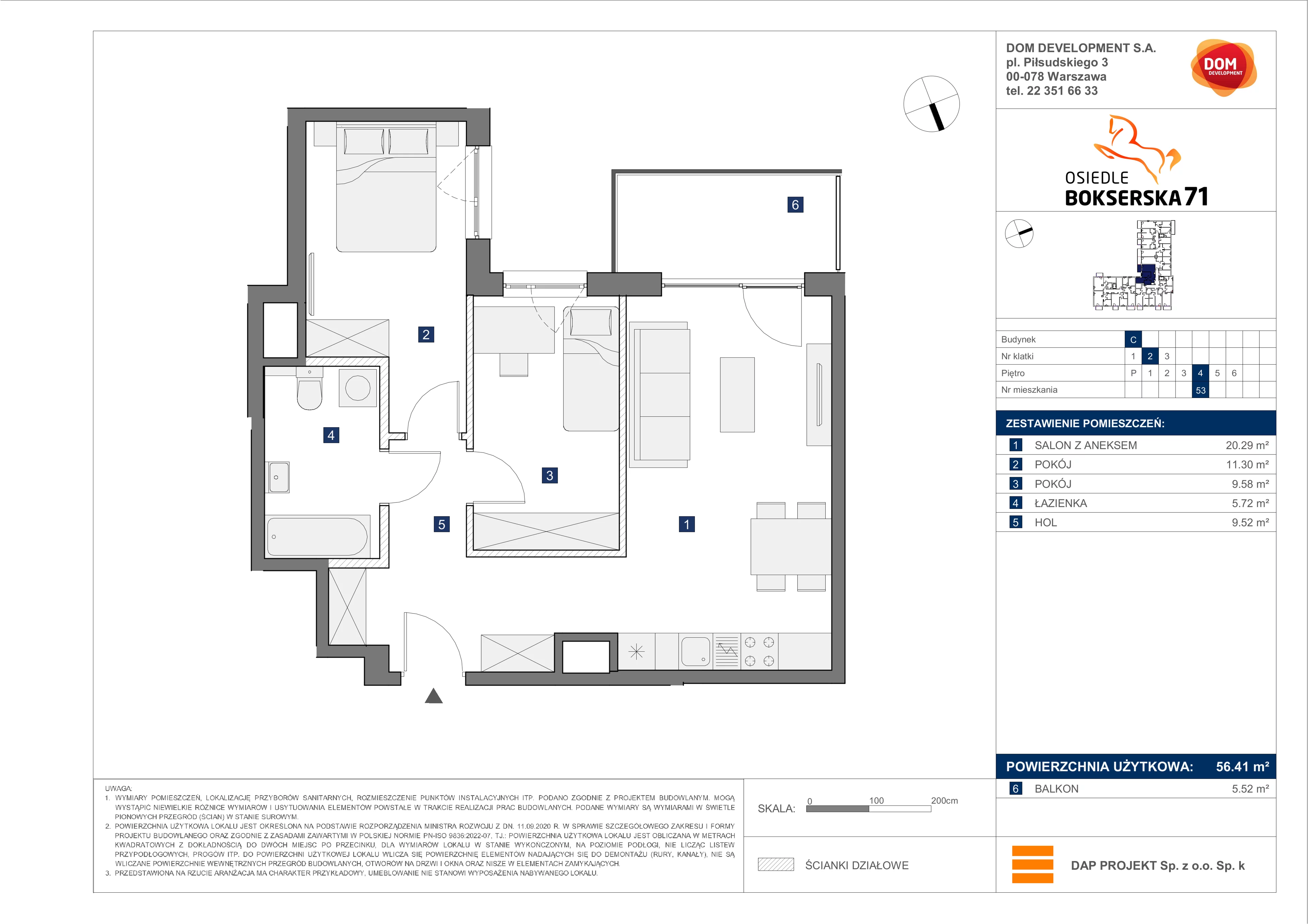 3 pokoje, mieszkanie 56,41 m², piętro 4, oferta nr C/53, Bokserska 71 etap 2.2, Warszawa, Ursynów, Wyczółki, ul. Bokserska 71