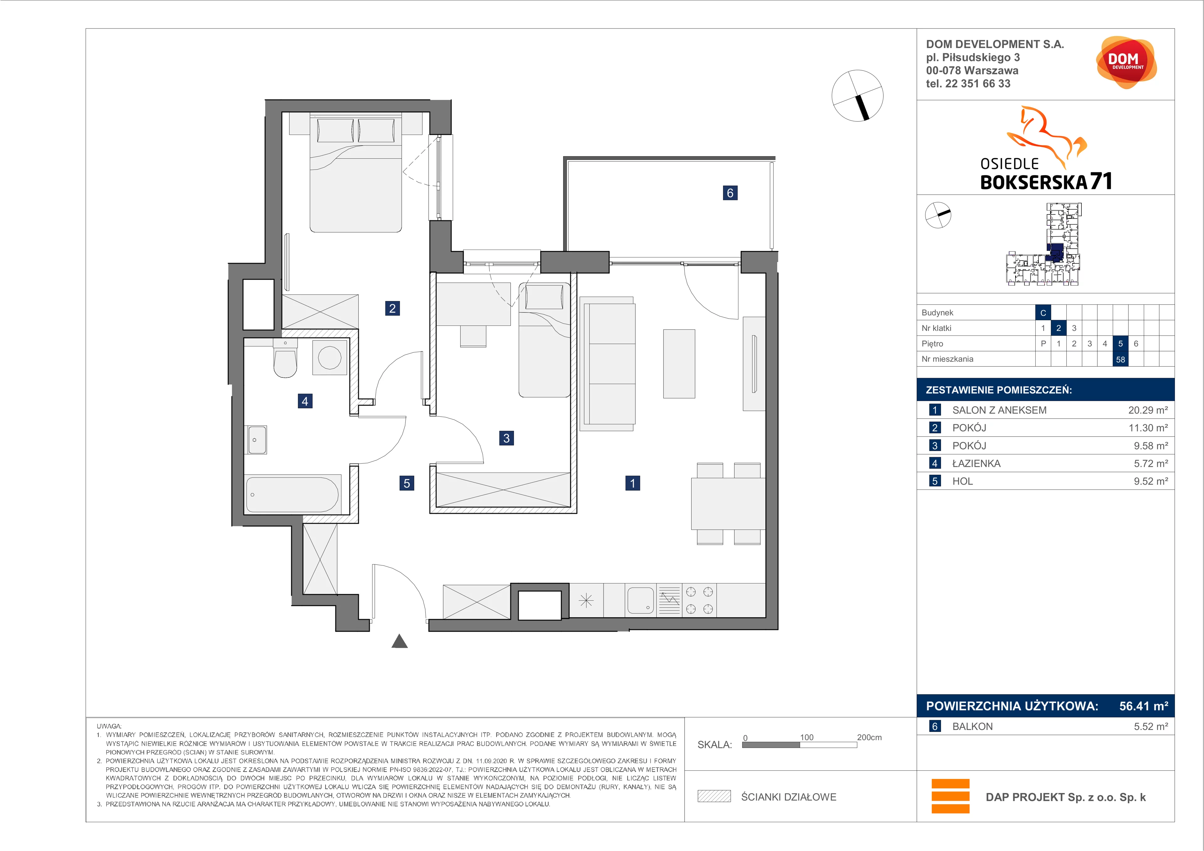 3 pokoje, mieszkanie 56,41 m², piętro 5, oferta nr C/58, Bokserska 71 etap 2.2, Warszawa, Ursynów, Wyczółki, ul. Bokserska 71