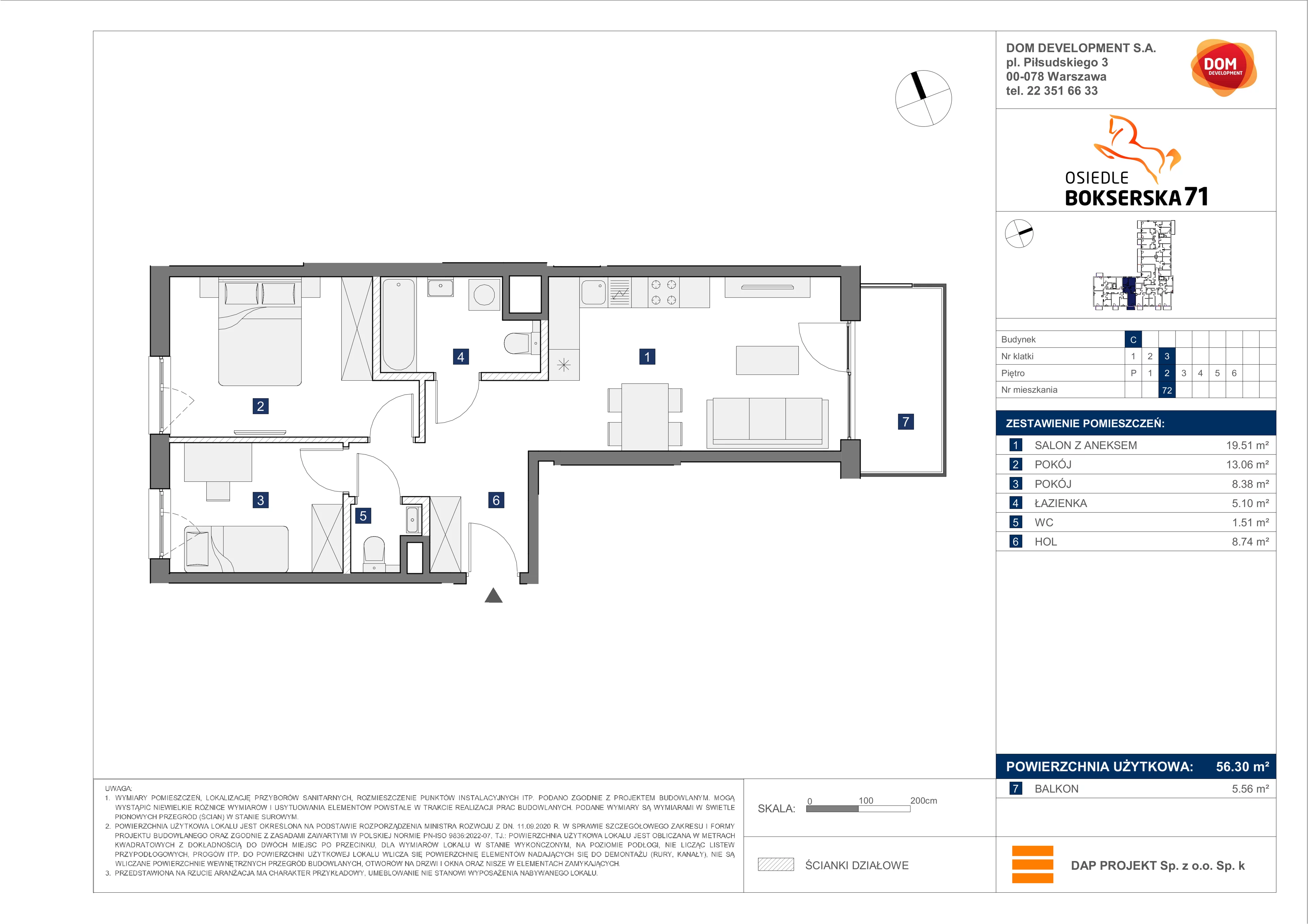 3 pokoje, mieszkanie 56,30 m², piętro 2, oferta nr C/72, Bokserska 71 etap 2.2, Warszawa, Ursynów, Wyczółki, ul. Bokserska 71