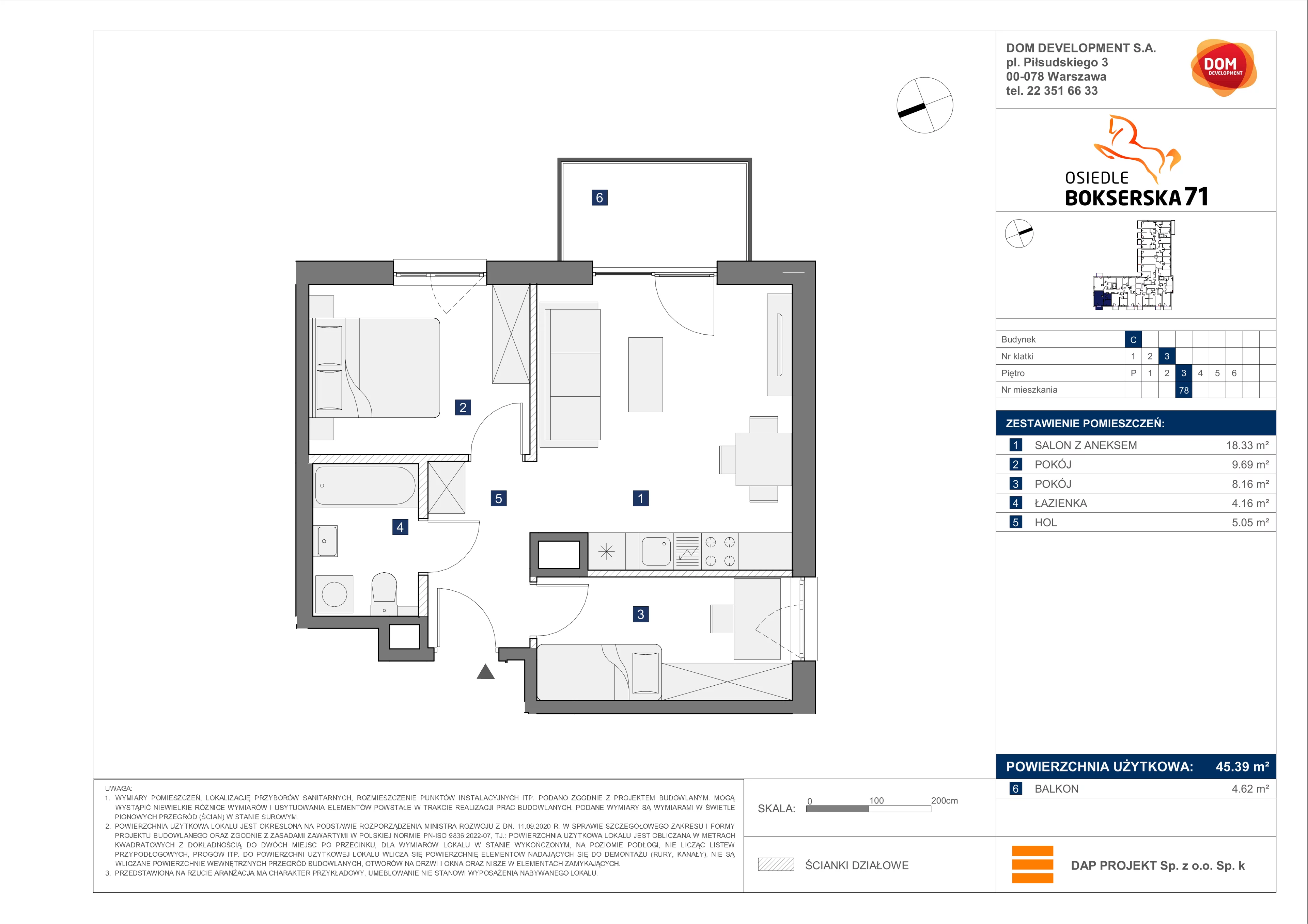 3 pokoje, mieszkanie 45,39 m², piętro 3, oferta nr C/78, Bokserska 71 etap 2.2, Warszawa, Ursynów, Wyczółki, ul. Bokserska 71
