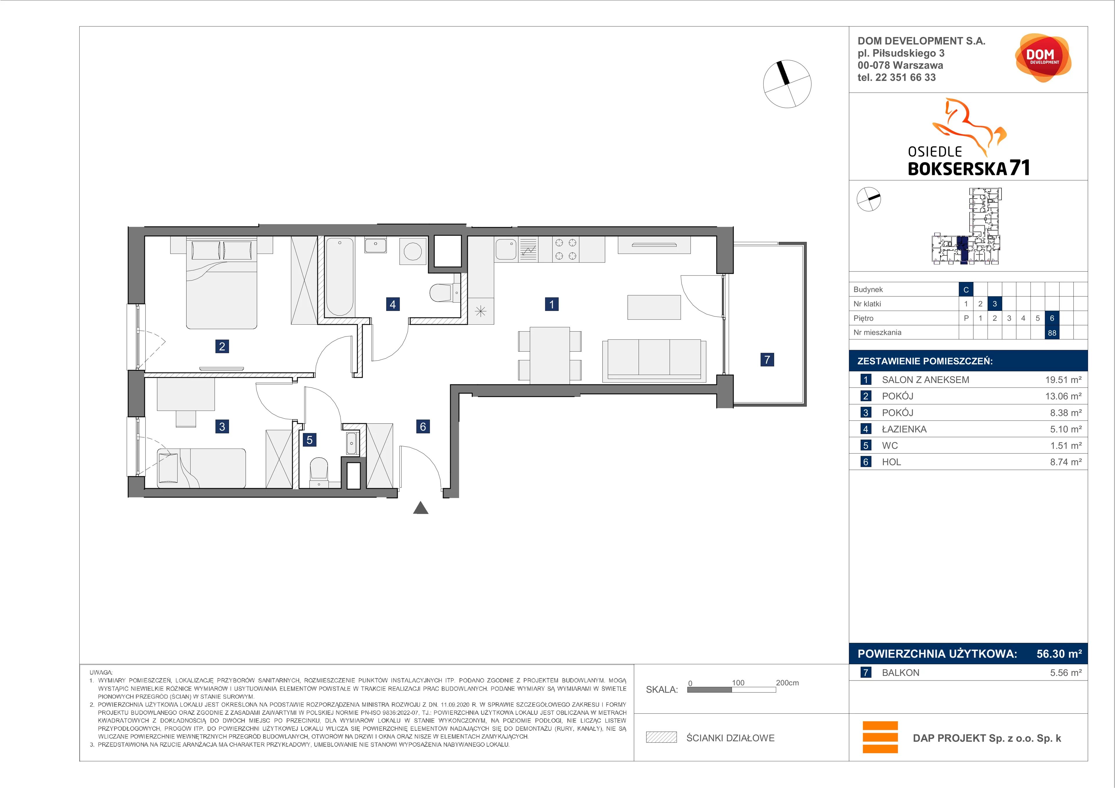 3 pokoje, mieszkanie 56,30 m², piętro 6, oferta nr C/88, Bokserska 71 etap 2.2, Warszawa, Ursynów, Wyczółki, ul. Bokserska 71