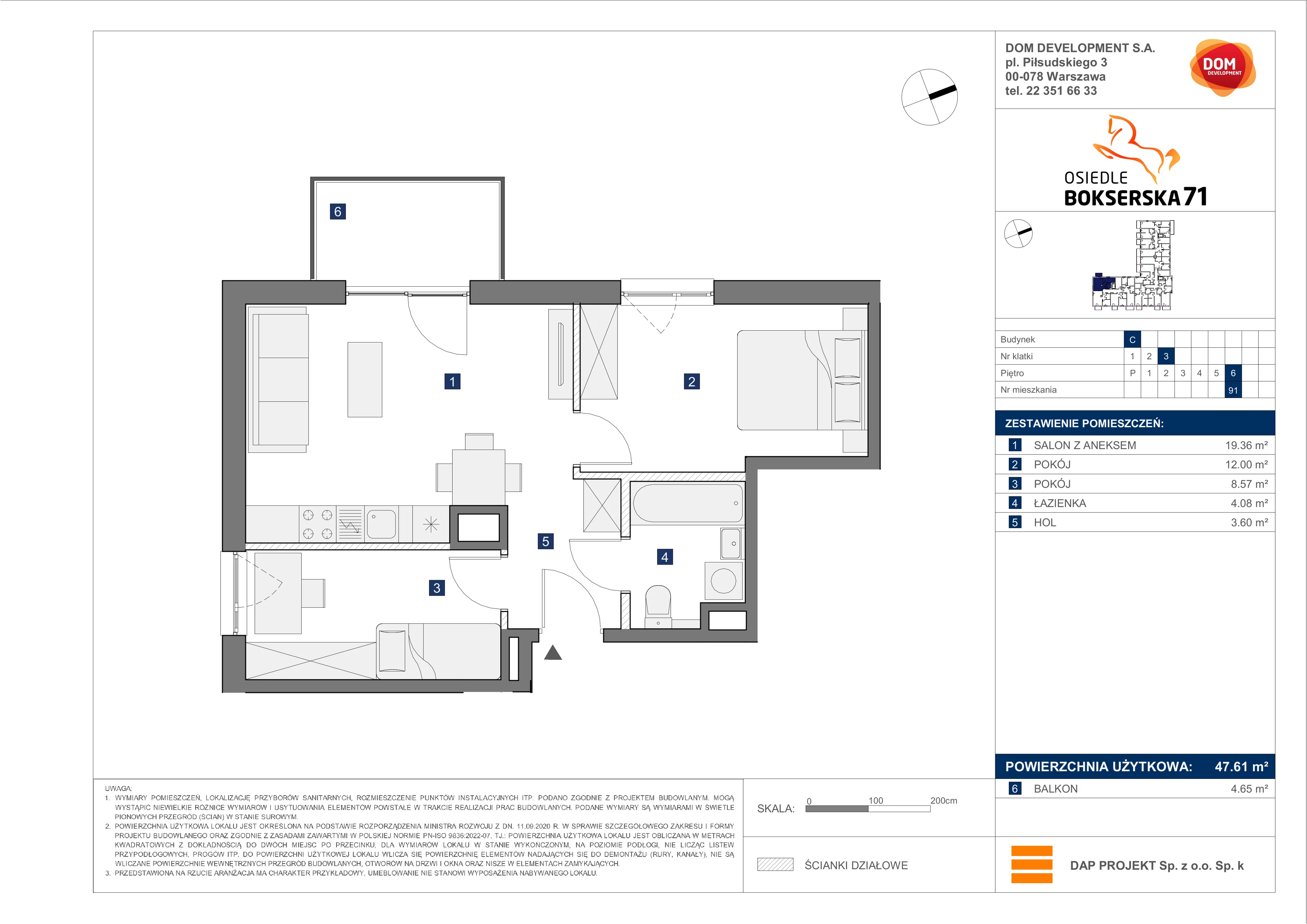 3 pokoje, mieszkanie 47,61 m², piętro 6, oferta nr C/91, Bokserska 71 etap 2.2, Warszawa, Ursynów, Wyczółki, ul. Bokserska 71