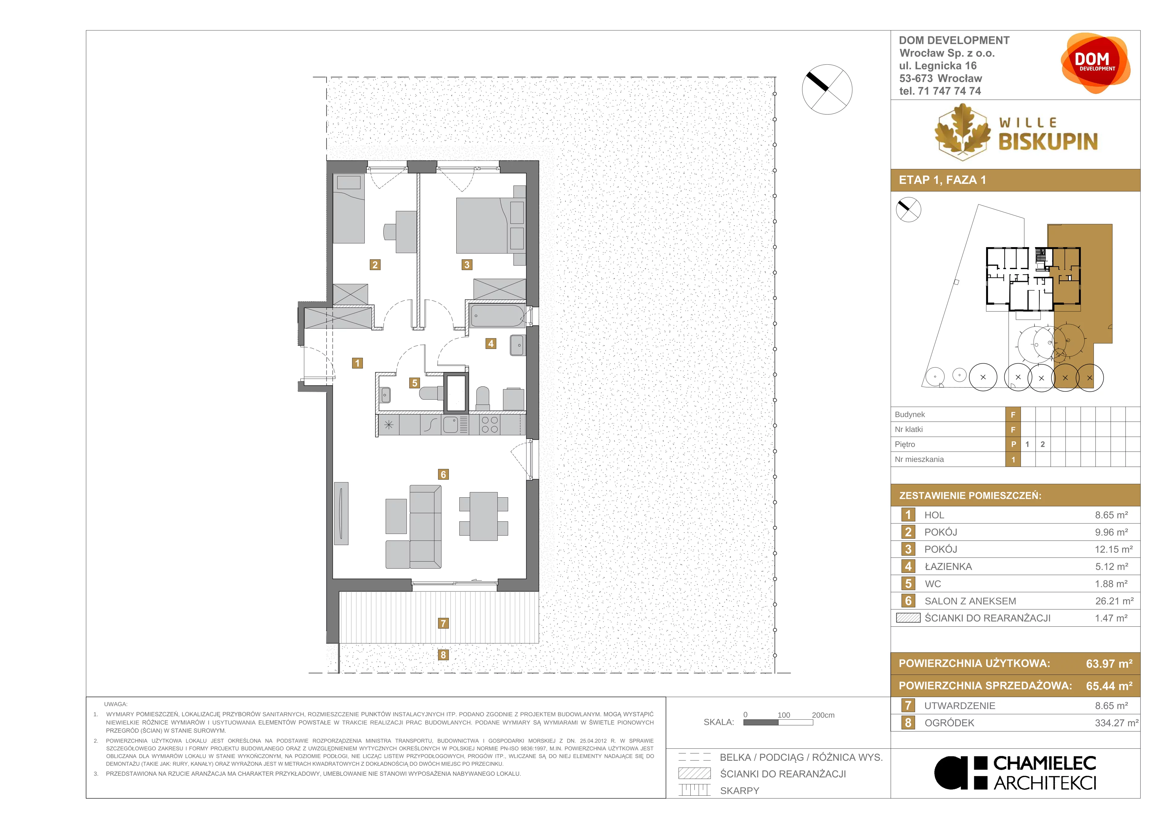 3 pokoje, mieszkanie 65,44 m², parter, oferta nr F/1, Wille Biskupin, Wrocław, Biskupin-Sępolno-Dąbie-Bartoszowice, Śródmieście, ul. Braci Gierymskich 156
