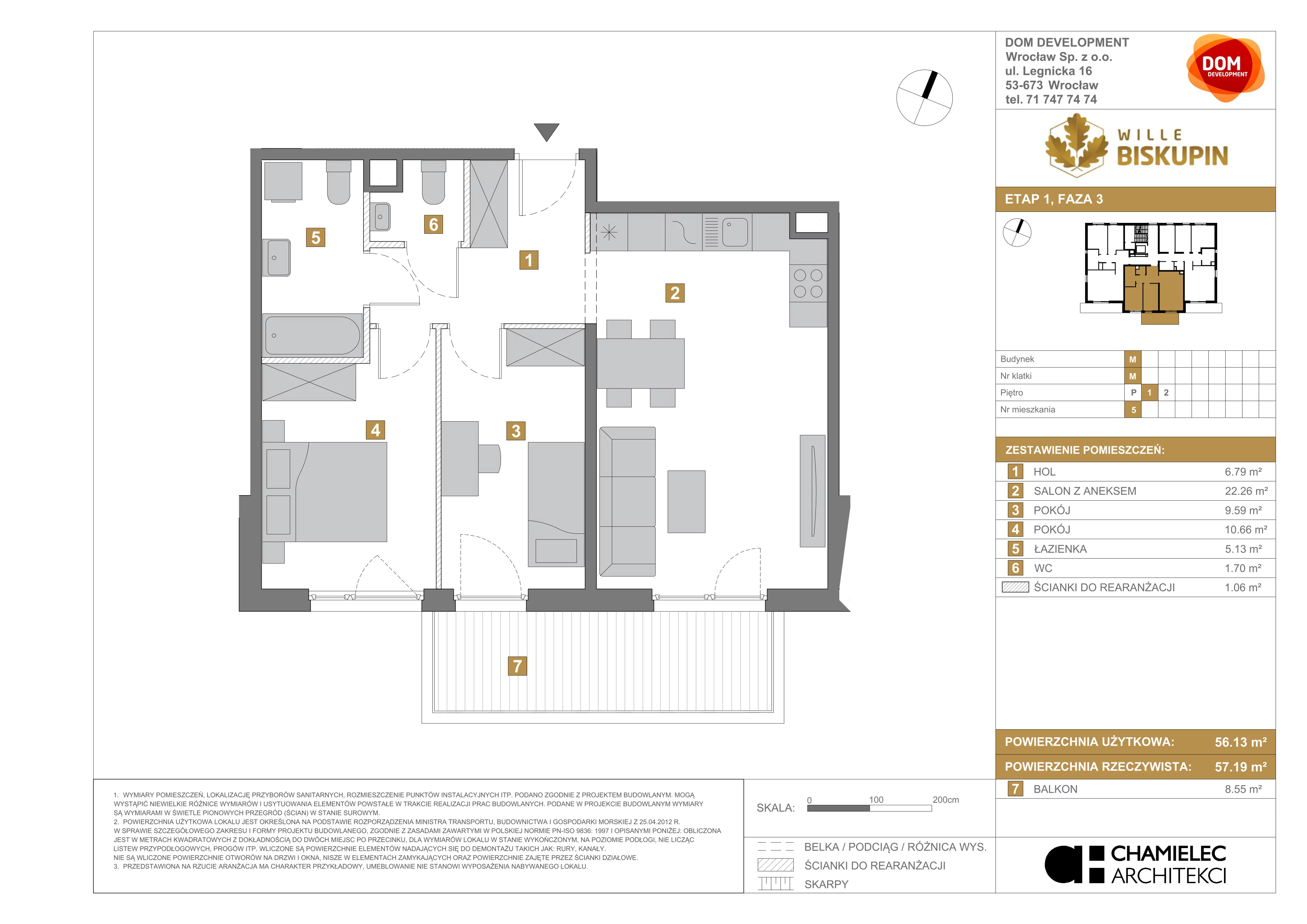 3 pokoje, mieszkanie 56,13 m², piętro 1, oferta nr M/5, Wille Biskupin etap 3, Wrocław, Biskupin-Sępolno-Dąbie-Bartoszowice, Śródmieście, ul. Braci Gierymskich