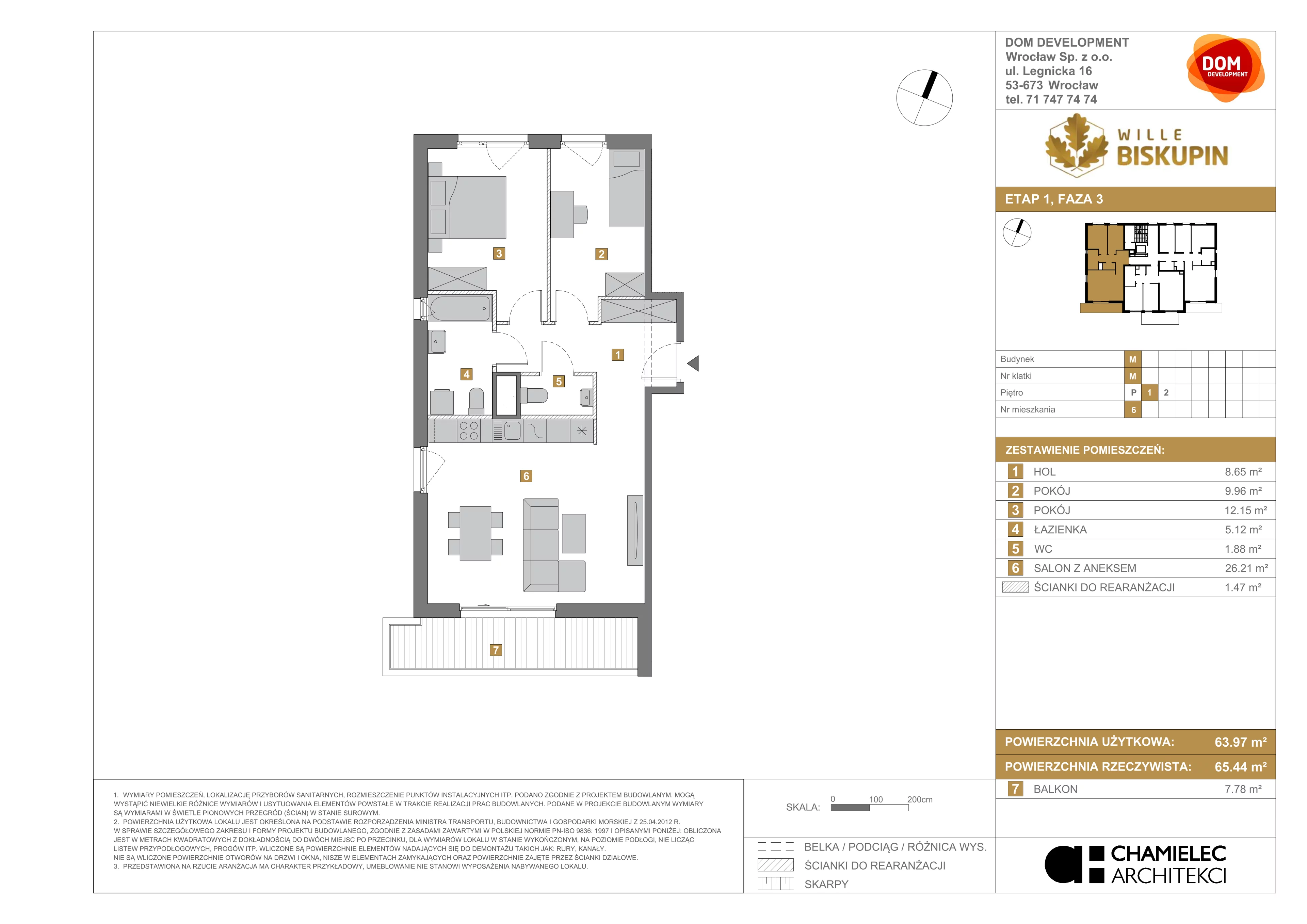 3 pokoje, mieszkanie 63,97 m², piętro 1, oferta nr M/6, Wille Biskupin etap 3, Wrocław, Biskupin-Sępolno-Dąbie-Bartoszowice, Śródmieście, ul. Braci Gierymskich