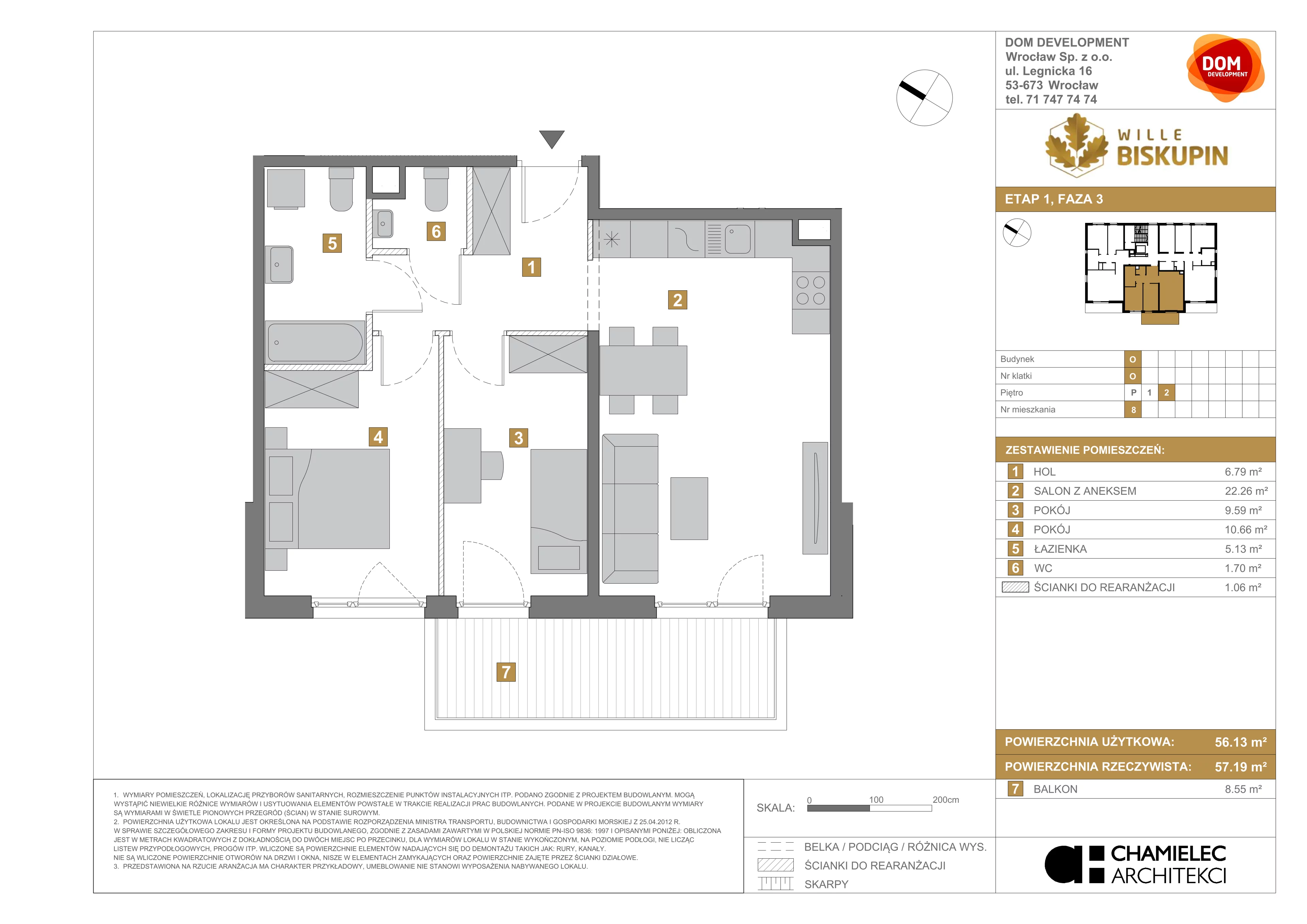 3 pokoje, mieszkanie 56,13 m², piętro 2, oferta nr O/8, Wille Biskupin etap 3, Wrocław, Biskupin-Sępolno-Dąbie-Bartoszowice, Śródmieście, ul. Braci Gierymskich