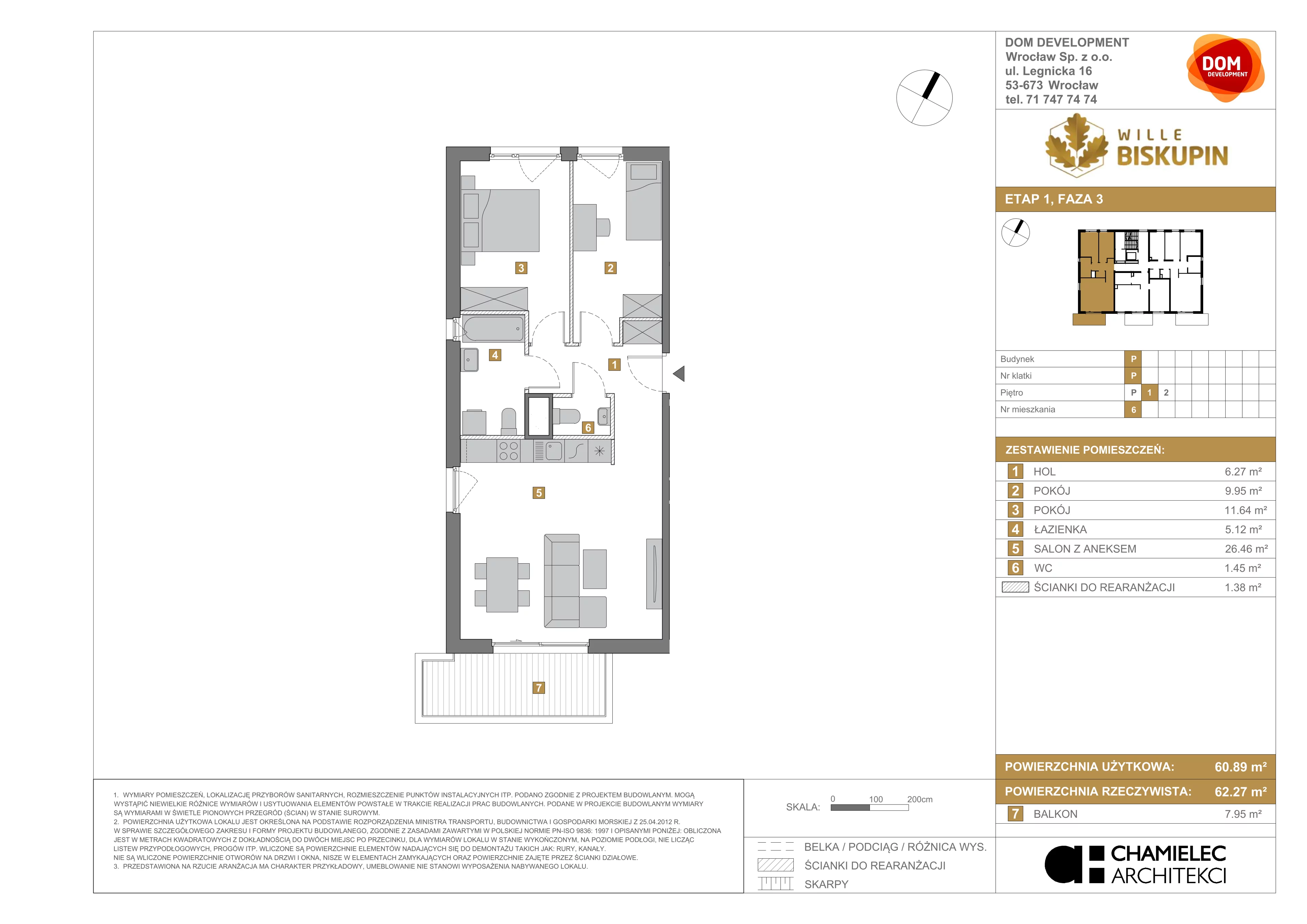 3 pokoje, mieszkanie 60,89 m², piętro 1, oferta nr P/6, Wille Biskupin etap 3, Wrocław, Biskupin-Sępolno-Dąbie-Bartoszowice, Śródmieście, ul. Braci Gierymskich