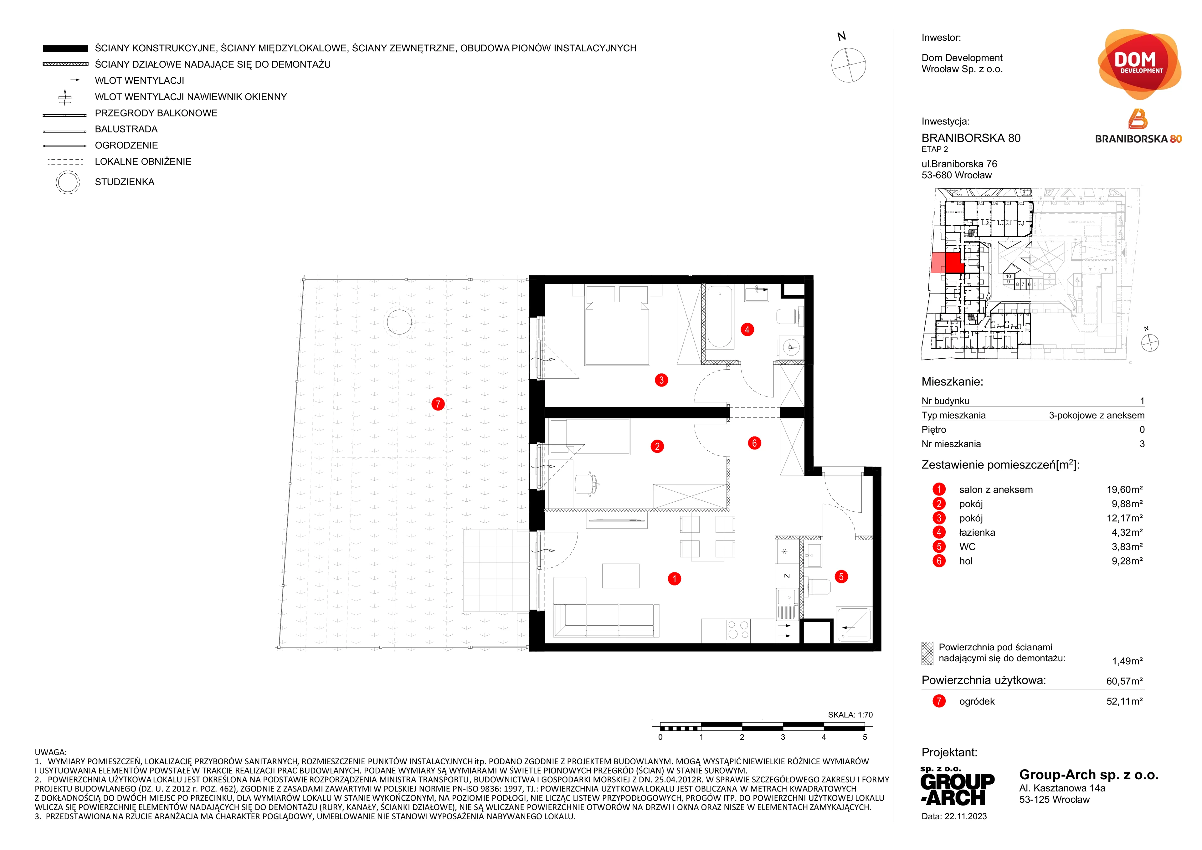 3 pokoje, mieszkanie 60,57 m², parter, oferta nr B/3, Braniborska 80, Wrocław, Stare Miasto, ul. Braniborska 80