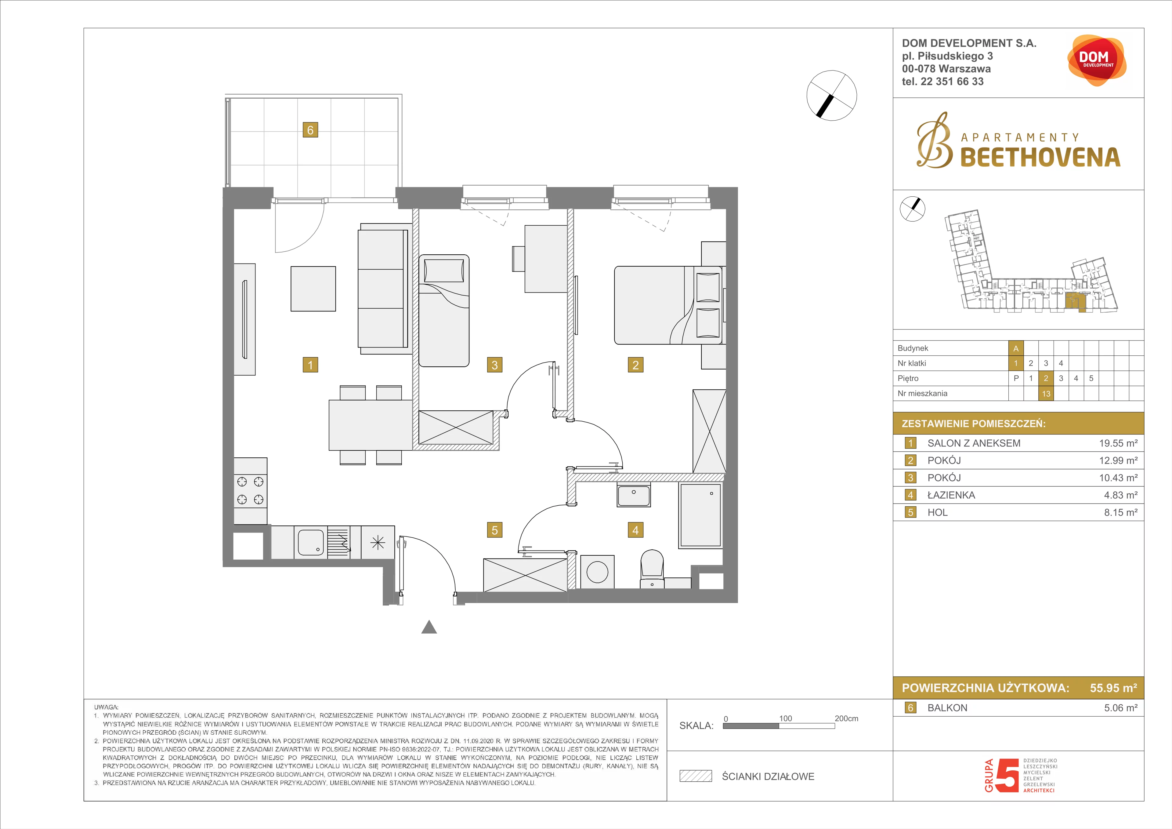 Mieszkanie 55,95 m², piętro 2, oferta nr A/13, Apartamenty Beethovena, Warszawa, Mokotów, Sielce, ul. Dziekońskiego 4