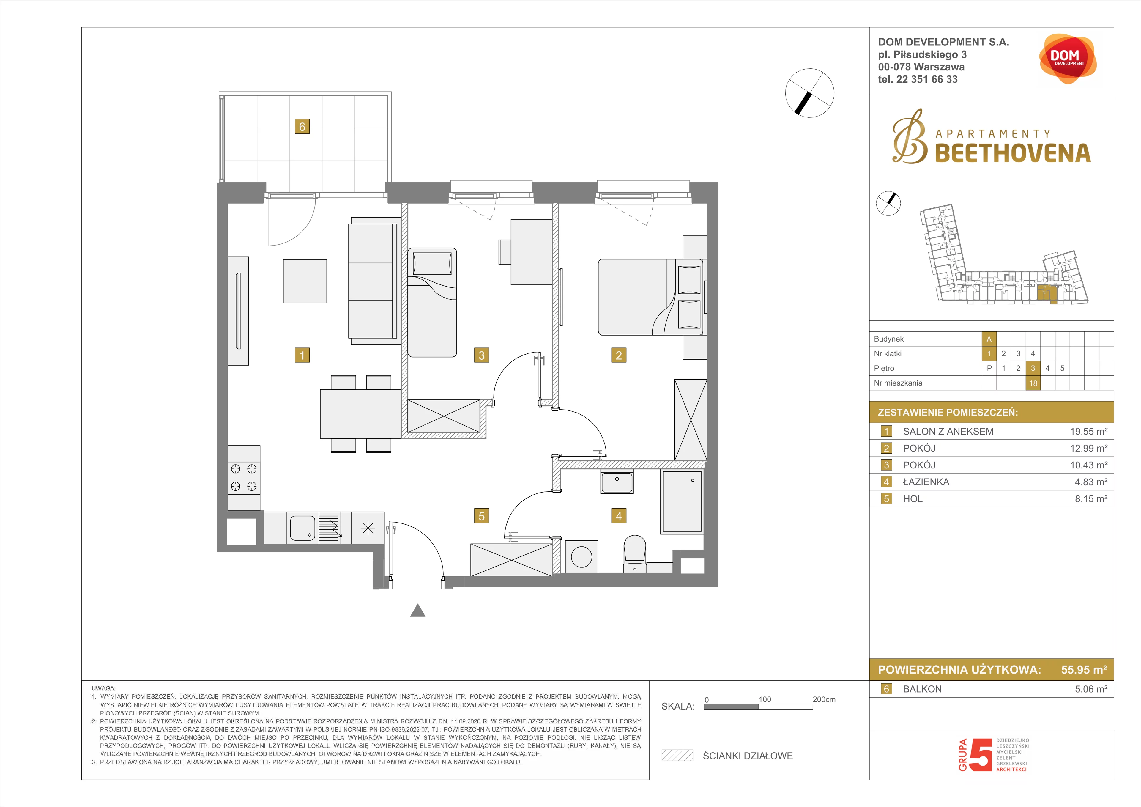 Mieszkanie 55,95 m², piętro 3, oferta nr A/18, Apartamenty Beethovena, Warszawa, Mokotów, Sielce, ul. Dziekońskiego 4