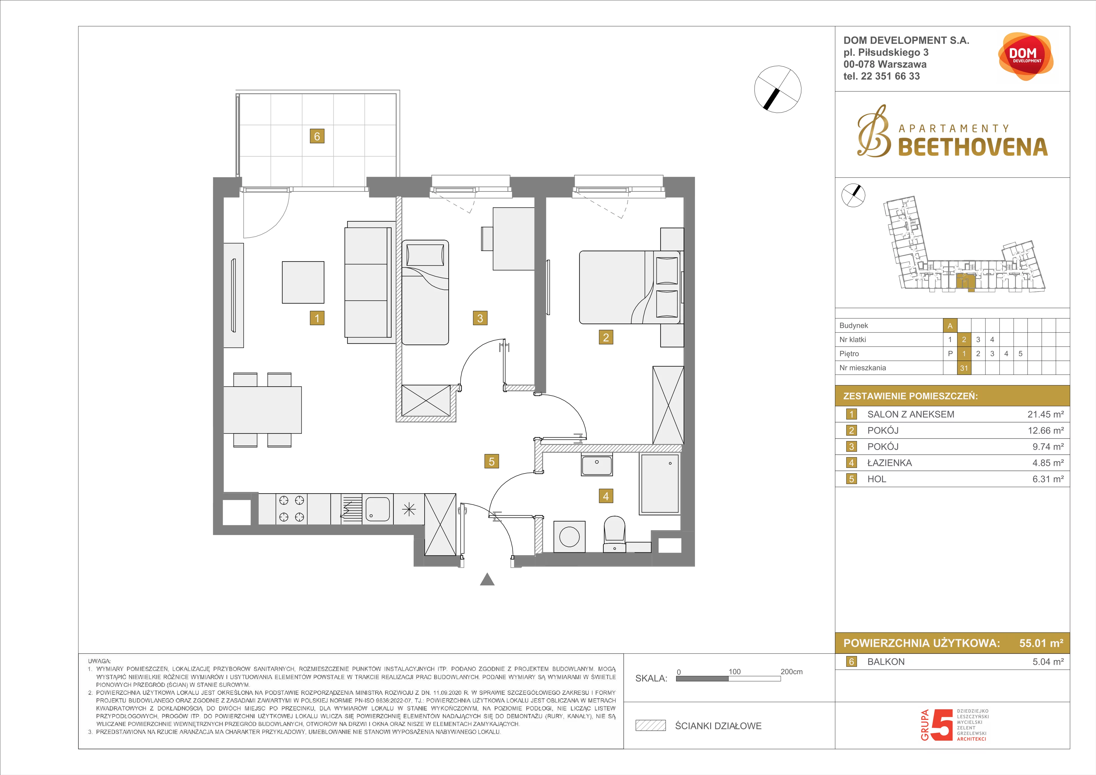 Mieszkanie 55,01 m², piętro 1, oferta nr A/31, Apartamenty Beethovena, Warszawa, Mokotów, Sielce, ul. Dziekońskiego 4