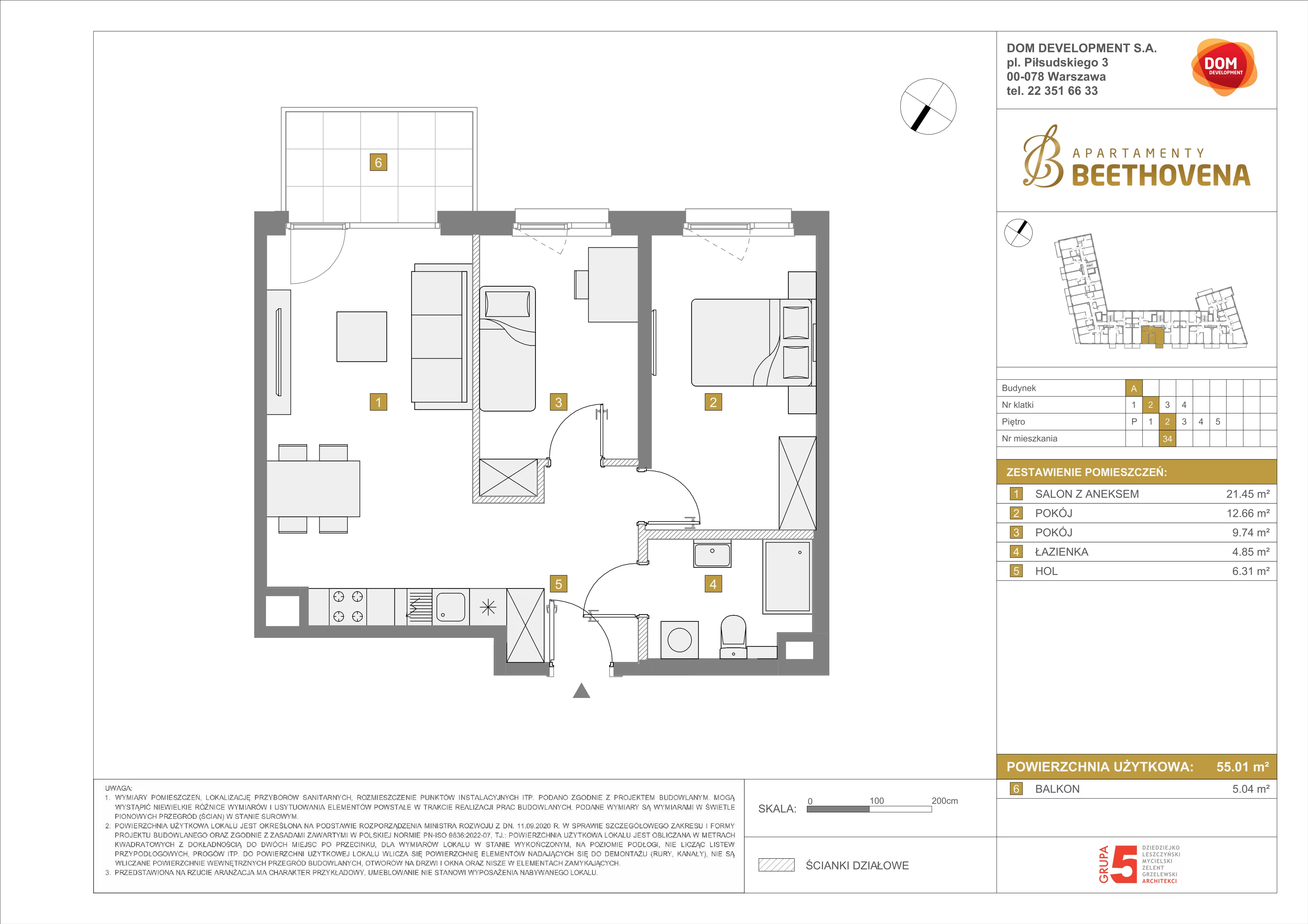 Mieszkanie 55,01 m², piętro 2, oferta nr A/34, Apartamenty Beethovena, Warszawa, Mokotów, Sielce, ul. Dziekońskiego 4