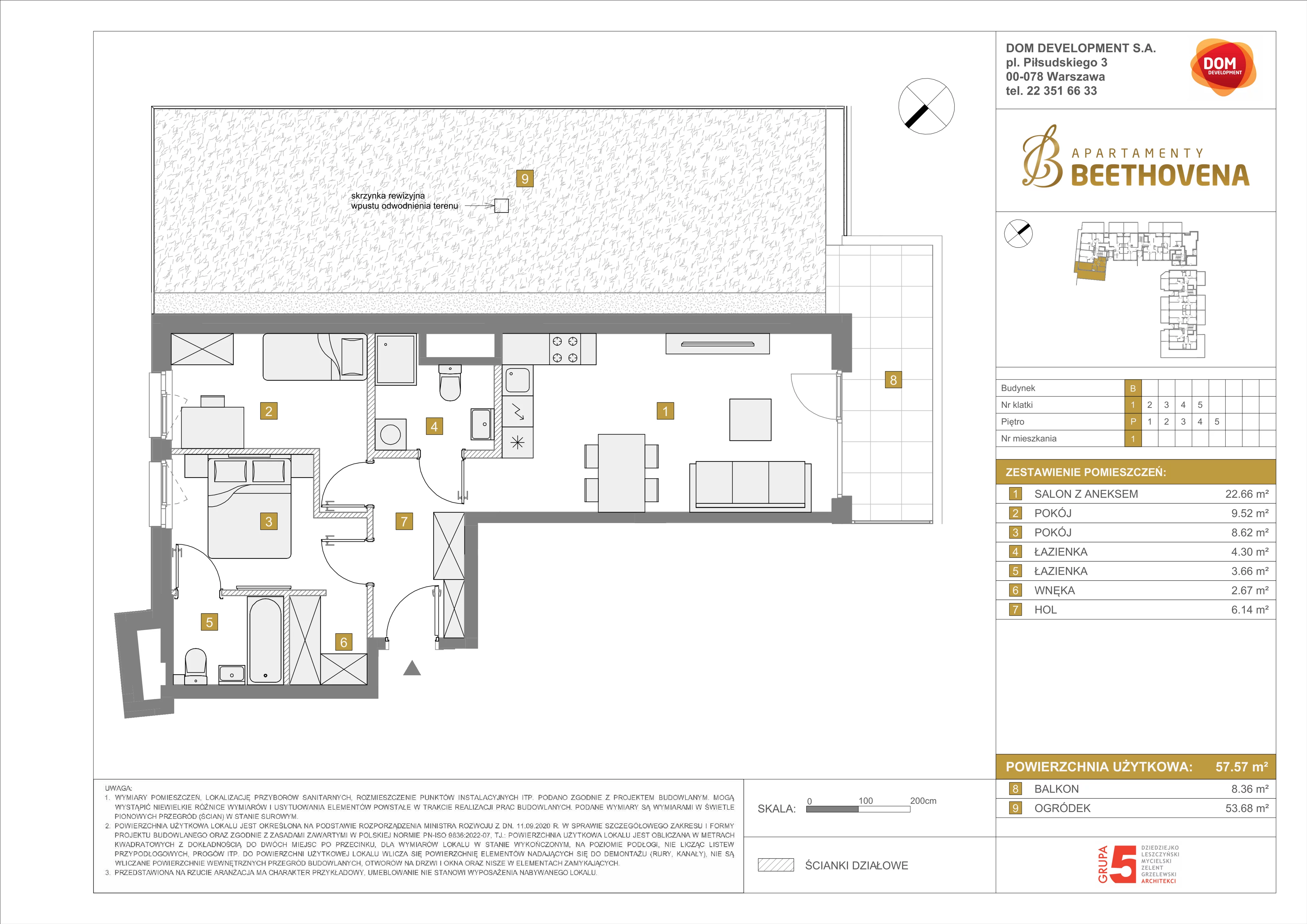 Mieszkanie 57,57 m², parter, oferta nr B/1, Apartamenty Beethovena, Warszawa, Mokotów, Sielce, ul. Dziekońskiego 4