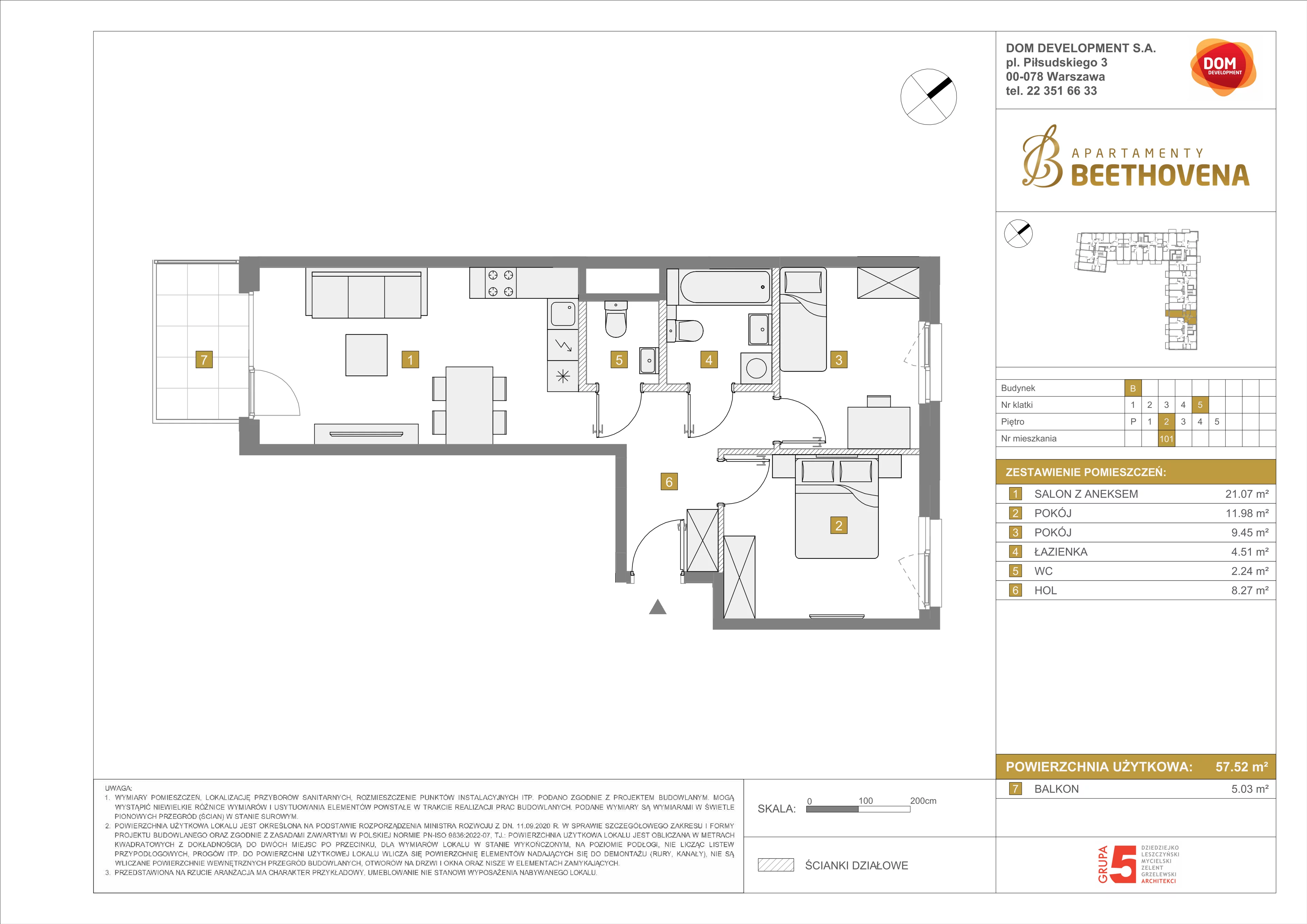 Mieszkanie 57,52 m², piętro 2, oferta nr B/101, Apartamenty Beethovena, Warszawa, Mokotów, Sielce, ul. Dziekońskiego 4