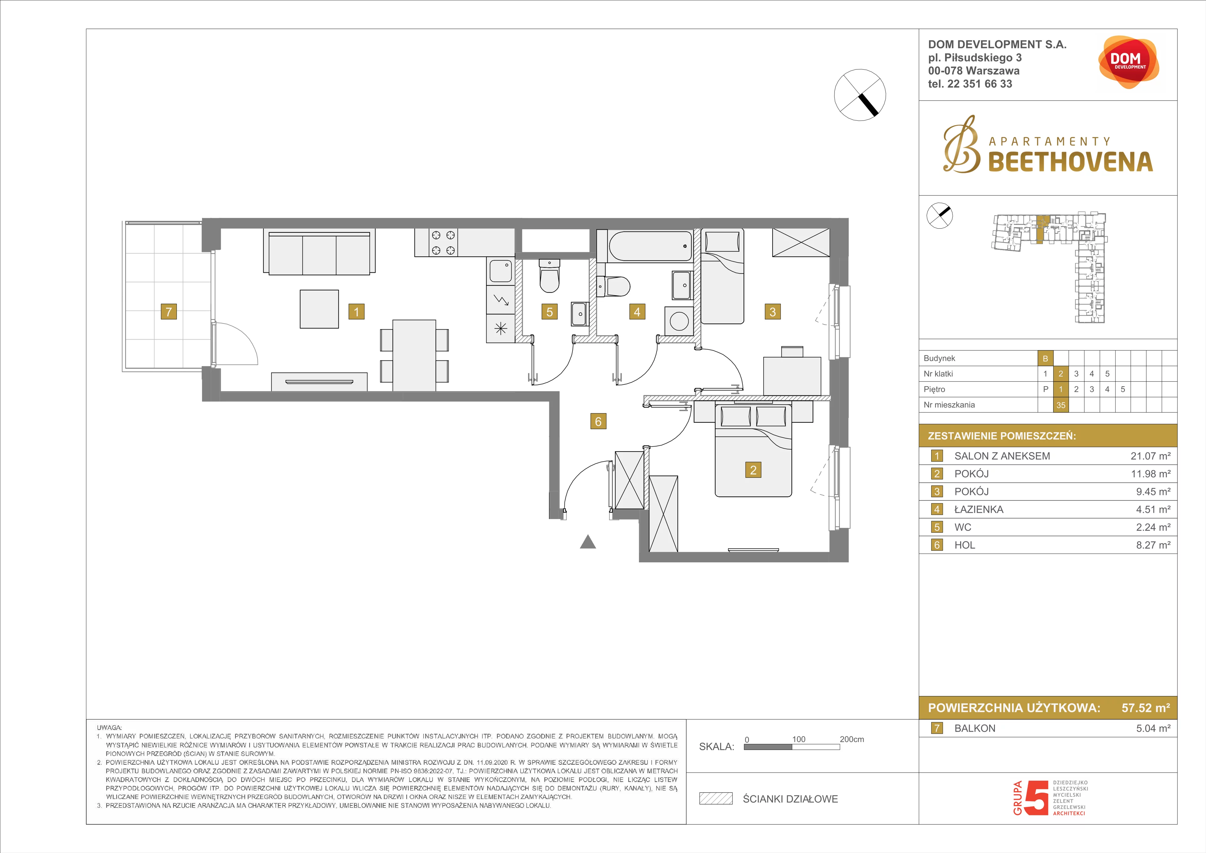 Mieszkanie 57,52 m², piętro 1, oferta nr B/35, Apartamenty Beethovena, Warszawa, Mokotów, Sielce, ul. Dziekońskiego 4