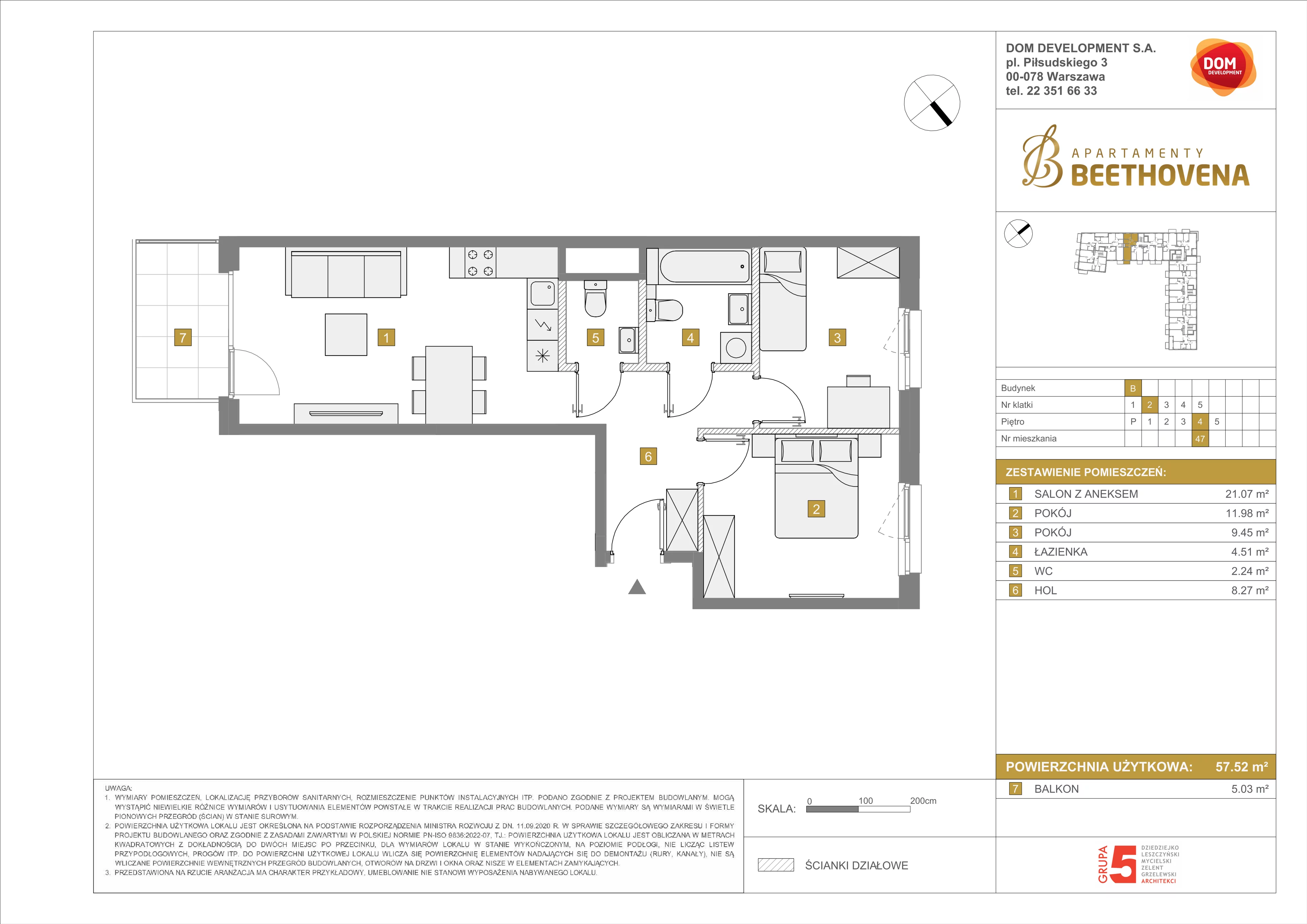 Mieszkanie 57,52 m², piętro 4, oferta nr B/47, Apartamenty Beethovena, Warszawa, Mokotów, Sielce, ul. Dziekońskiego 4