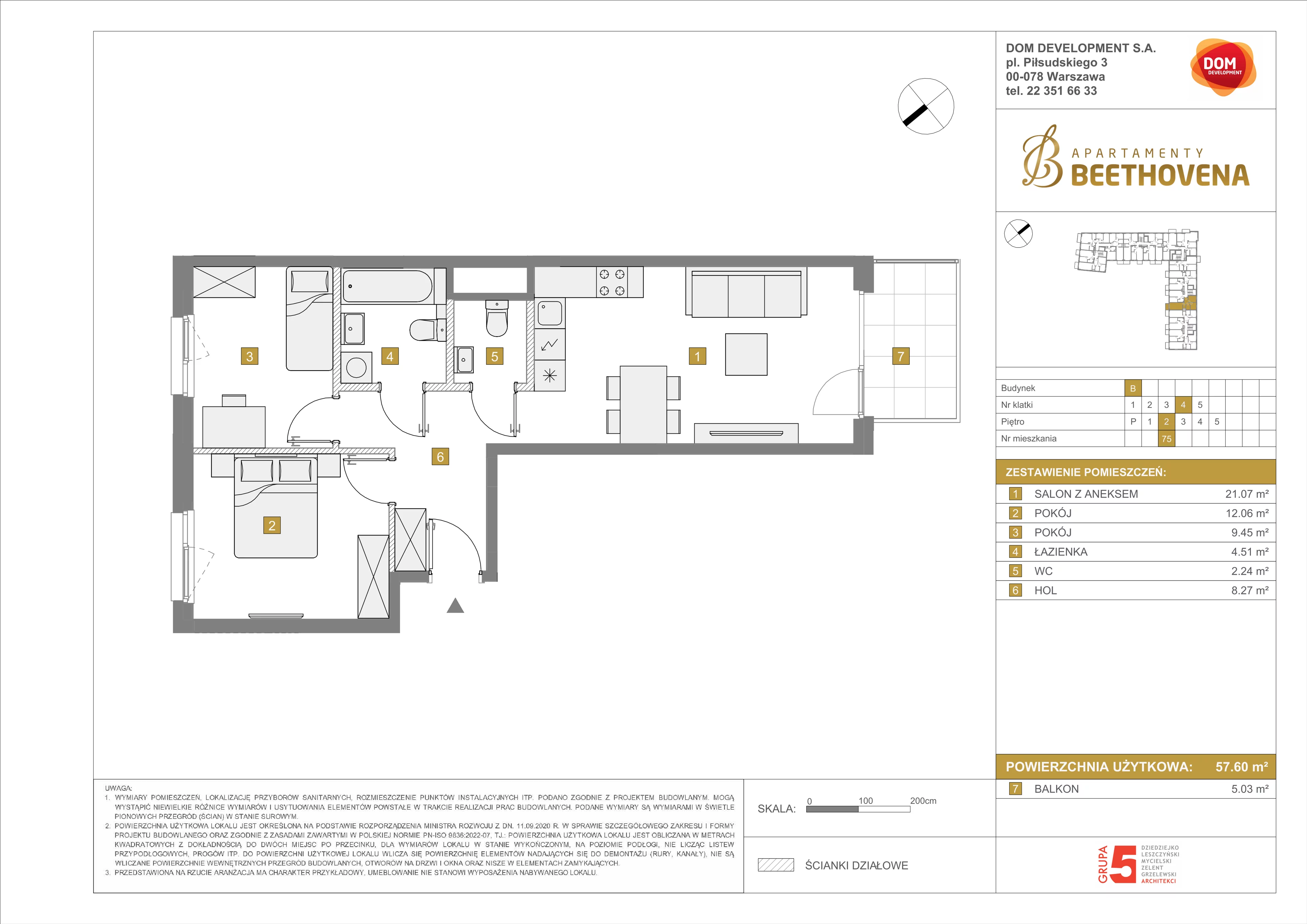 Mieszkanie 57,60 m², piętro 2, oferta nr B/75, Apartamenty Beethovena, Warszawa, Mokotów, Sielce, ul. Dziekońskiego 4