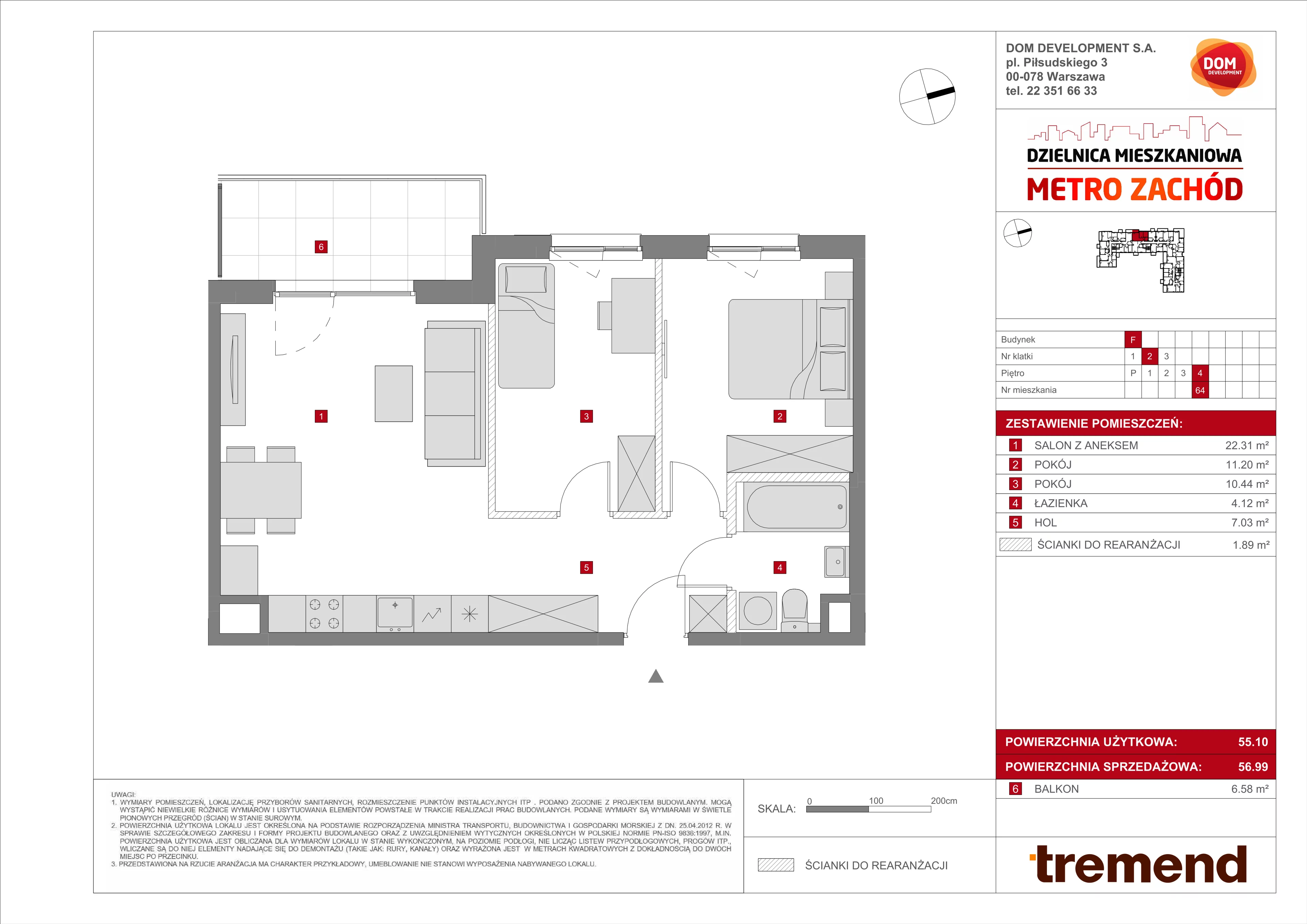 3 pokoje, mieszkanie 56,99 m², piętro 4, oferta nr F/64, Metro Zachód 8 bud. E-H, Warszawa, Bemowo, Chrzanów, ul. Jana Heweliusza