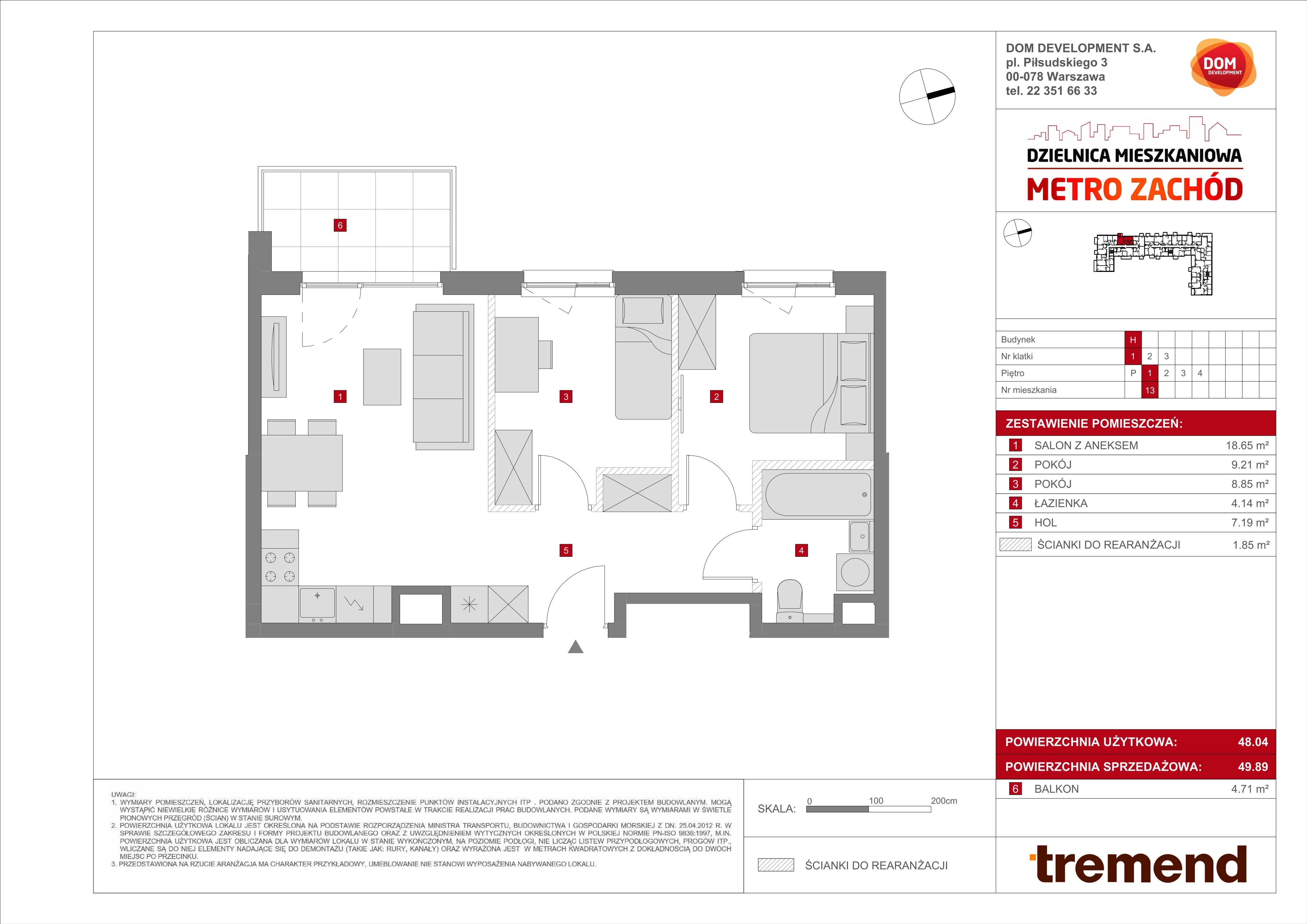 3 pokoje, mieszkanie 49,89 m², piętro 1, oferta nr H/13, Metro Zachód 8 bud. E-H, Warszawa, Bemowo, Chrzanów, ul. Jana Heweliusza