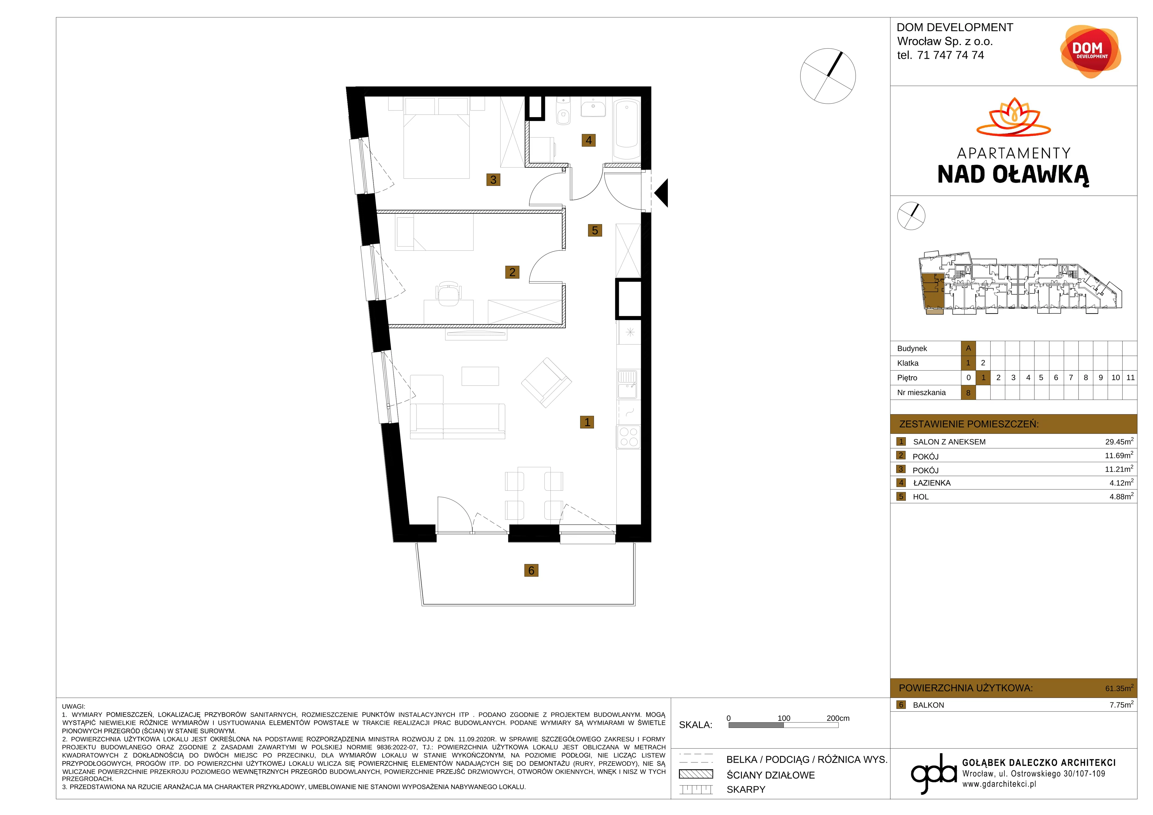 3 pokoje, mieszkanie 61,35 m², piętro 1, oferta nr A/8, Apartamenty nad Oławką, Wrocław, Przedmieście Oławskie, Krzyki, ul. Krakowska 98