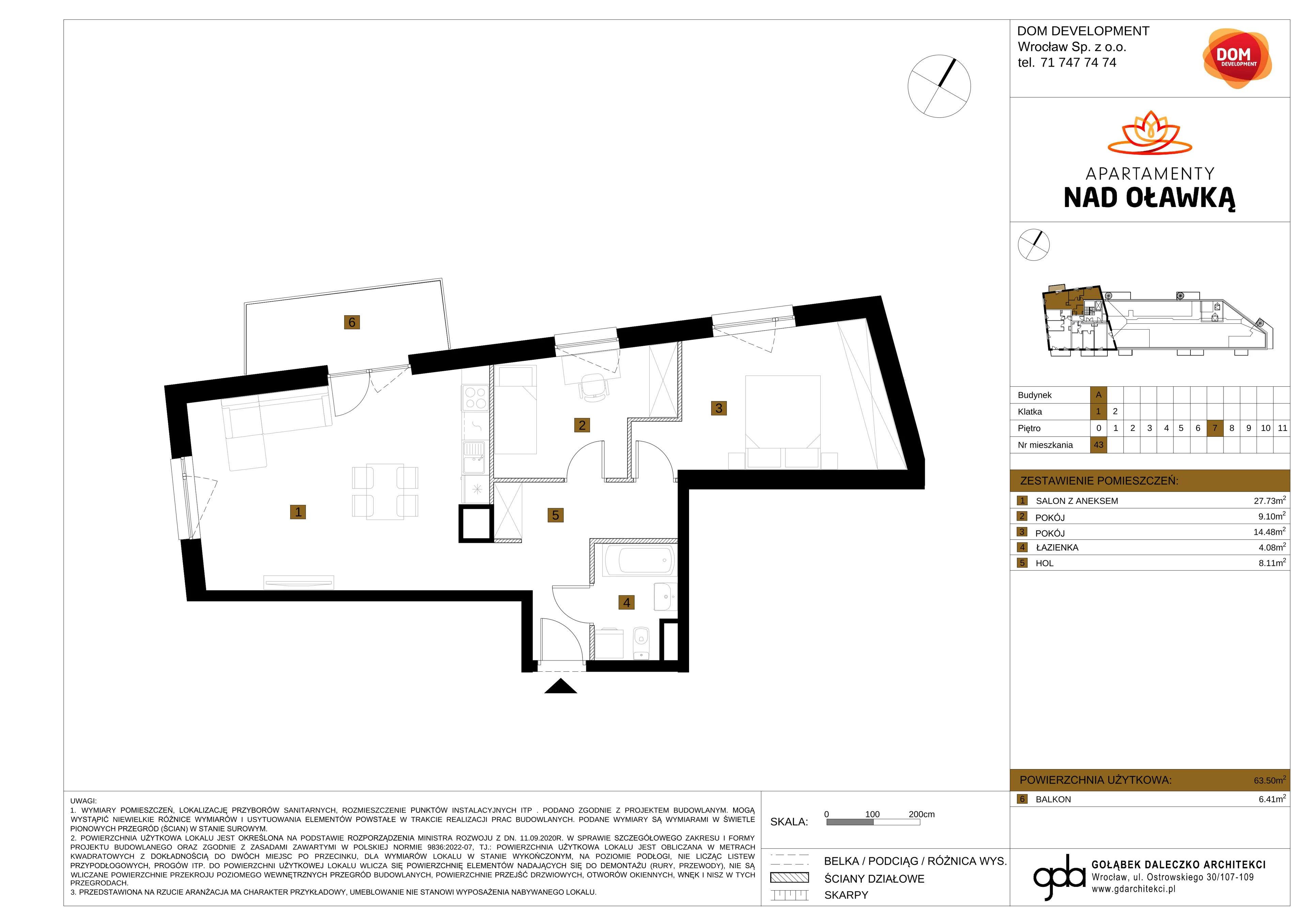 3 pokoje, mieszkanie 63,50 m², piętro 7, oferta nr A/43, Apartamenty nad Oławką, Wrocław, Przedmieście Oławskie, Krzyki, ul. Krakowska 98