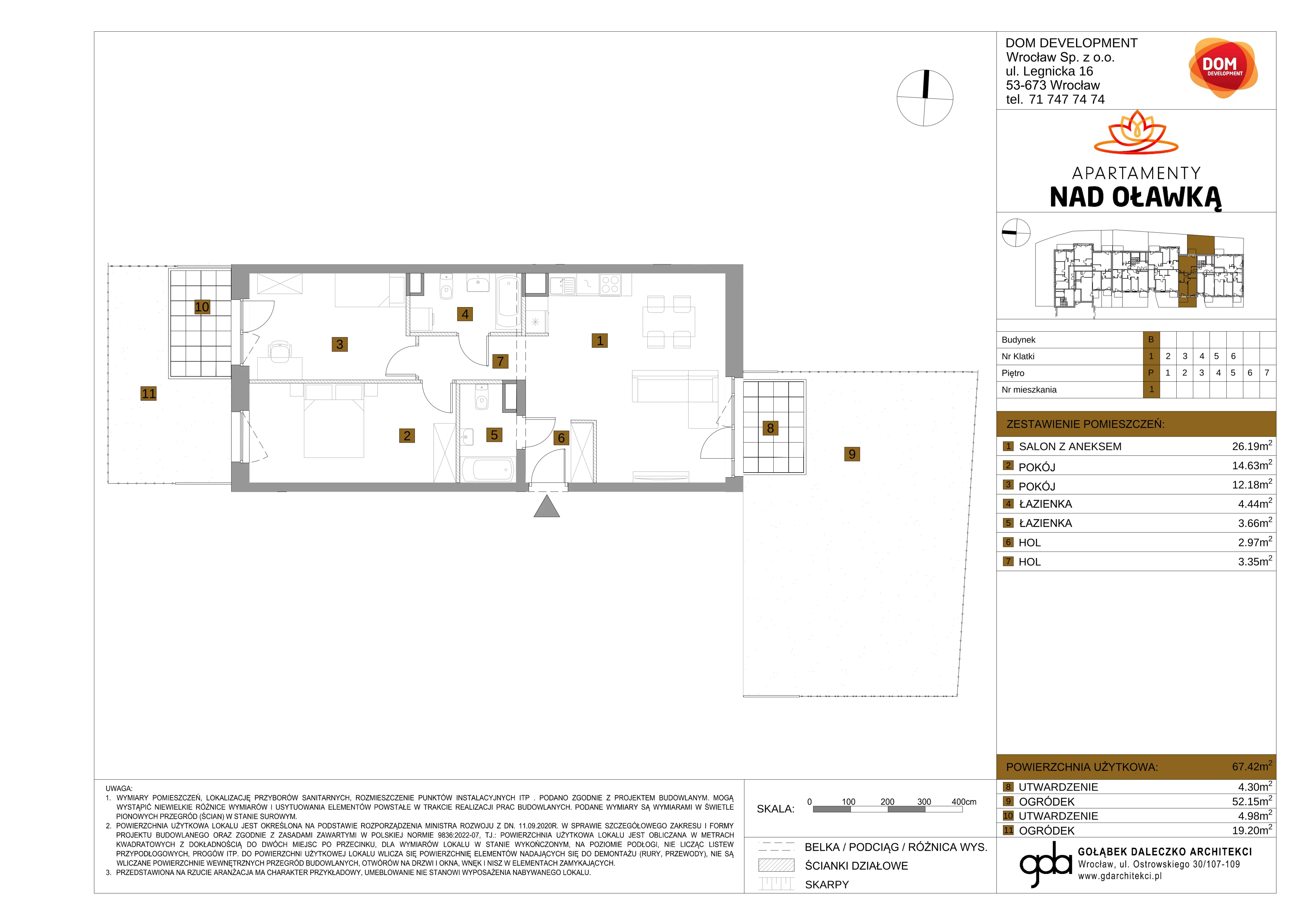 3 pokoje, mieszkanie 67,42 m², parter, oferta nr B/1, Apartamenty nad Oławką 2, Wrocław, Przedmieście Oławskie, Krzyki, ul. Krakowska 98a