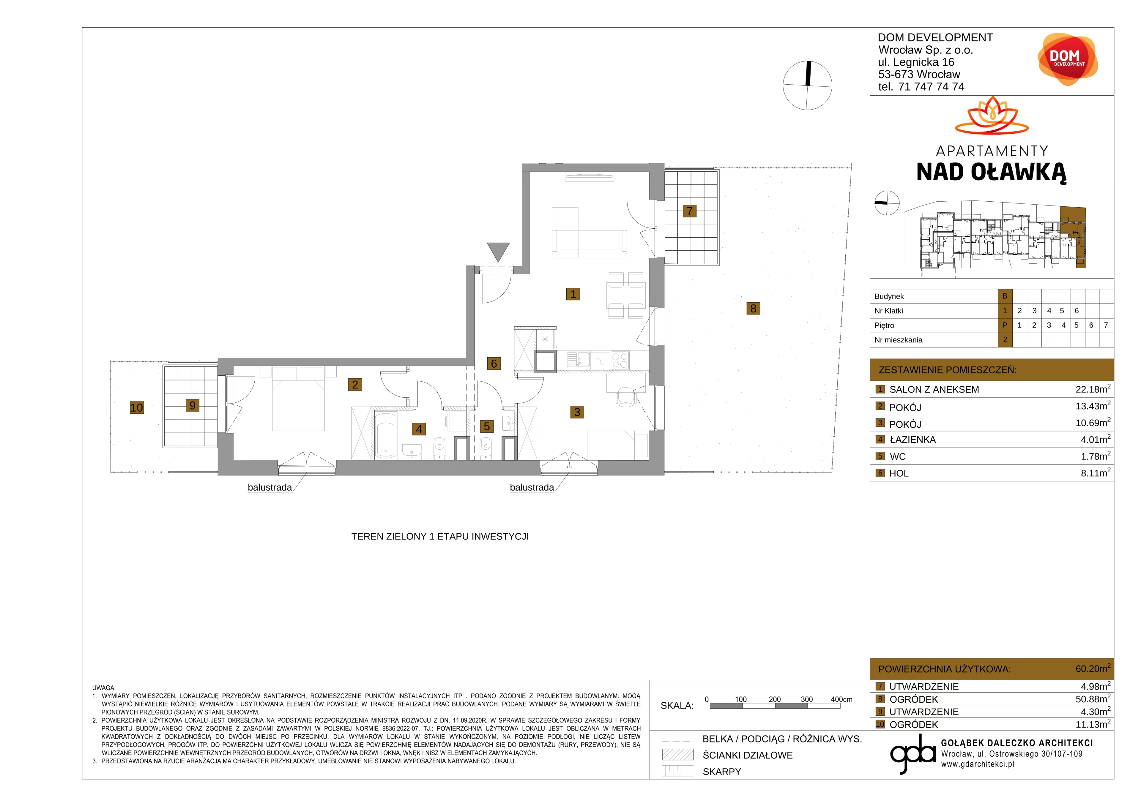 3 pokoje, mieszkanie 60,20 m², parter, oferta nr B/2, Apartamenty nad Oławką 2, Wrocław, Przedmieście Oławskie, Krzyki, ul. Krakowska 98a