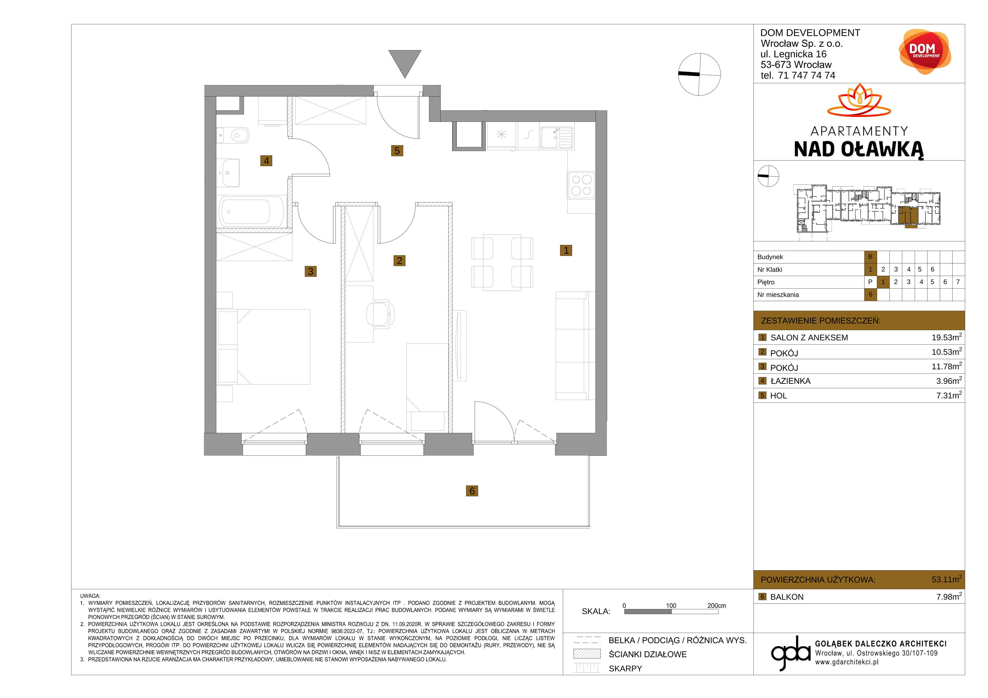 3 pokoje, mieszkanie 53,11 m², piętro 1, oferta nr B/6, Apartamenty nad Oławką 2, Wrocław, Przedmieście Oławskie, Krzyki, ul. Krakowska 98a