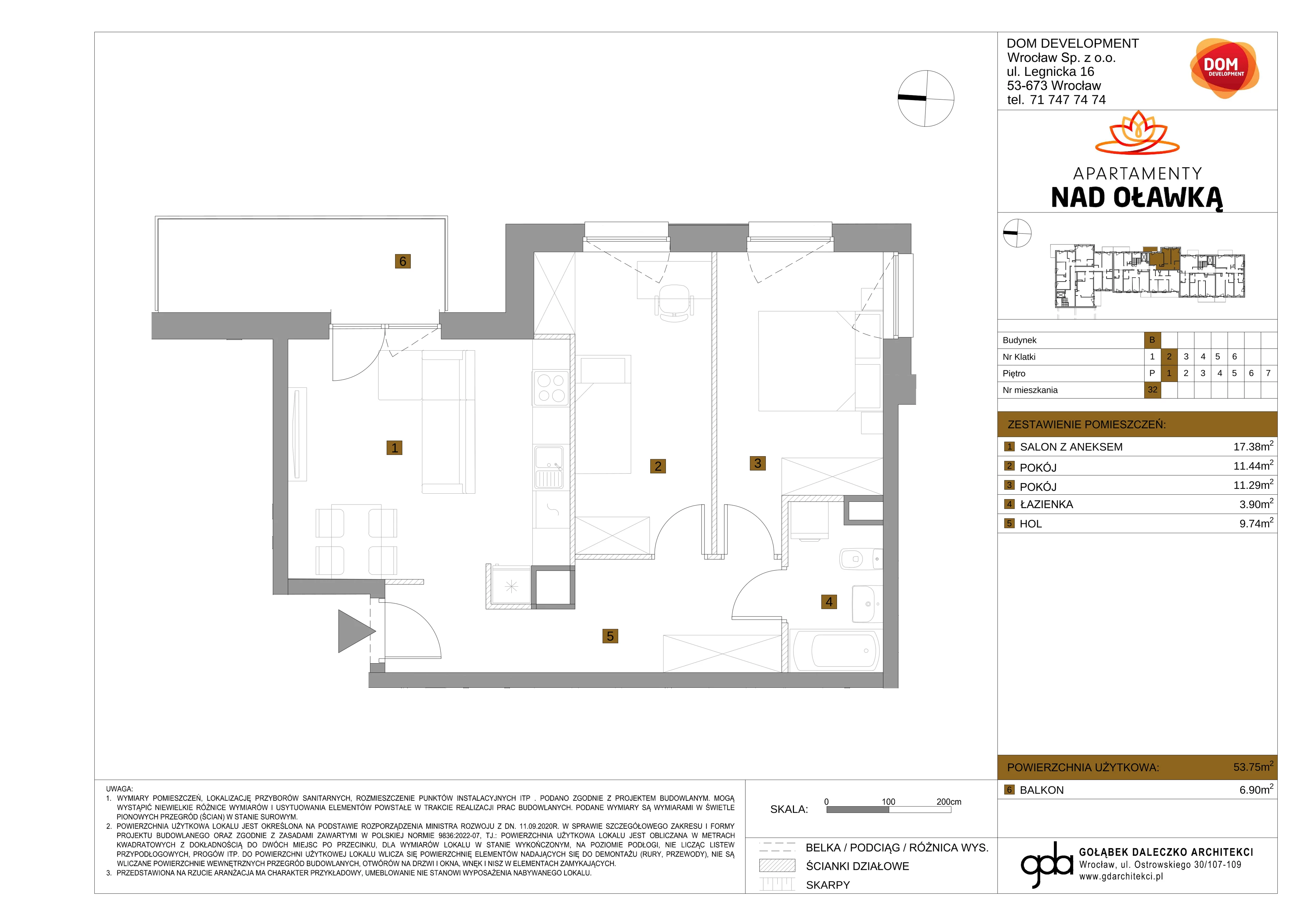3 pokoje, mieszkanie 53,75 m², piętro 1, oferta nr B/32, Apartamenty nad Oławką 2, Wrocław, Przedmieście Oławskie, Krzyki, ul. Krakowska 98a