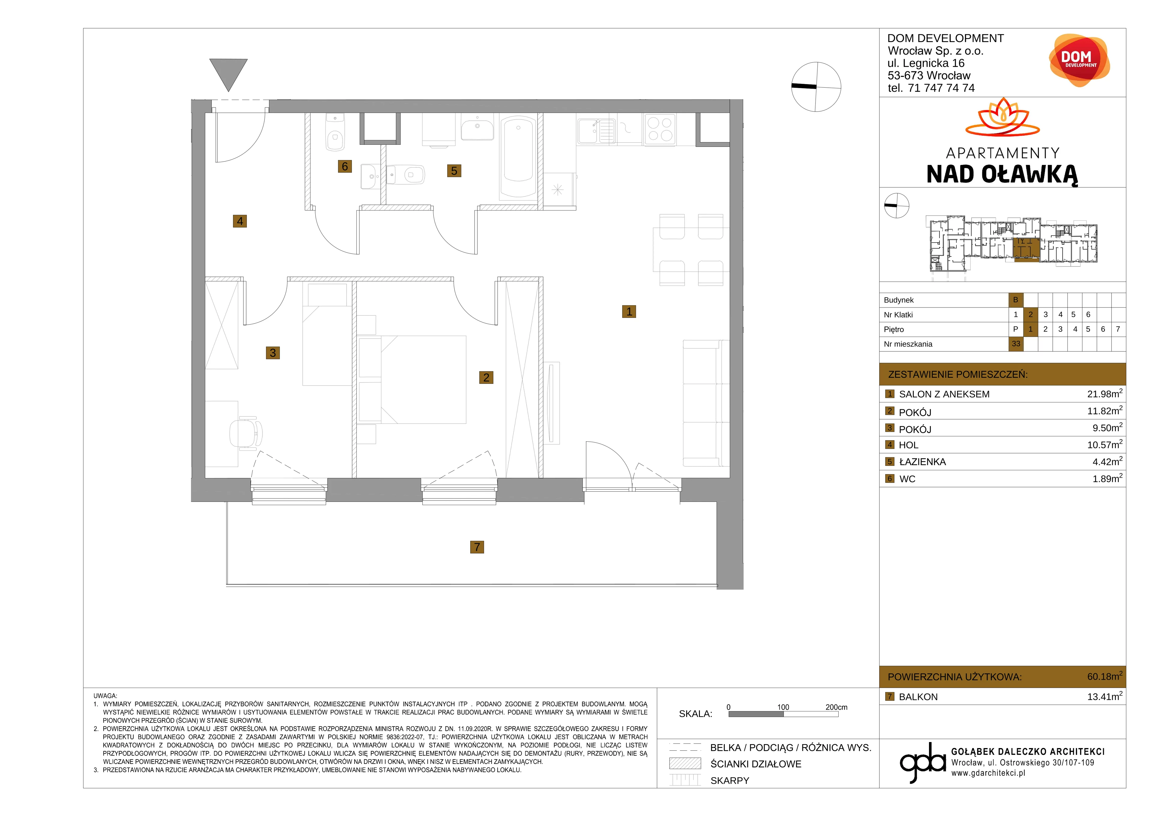 3 pokoje, mieszkanie 60,18 m², piętro 1, oferta nr B/33, Apartamenty nad Oławką 2, Wrocław, Przedmieście Oławskie, Krzyki, ul. Krakowska 98a
