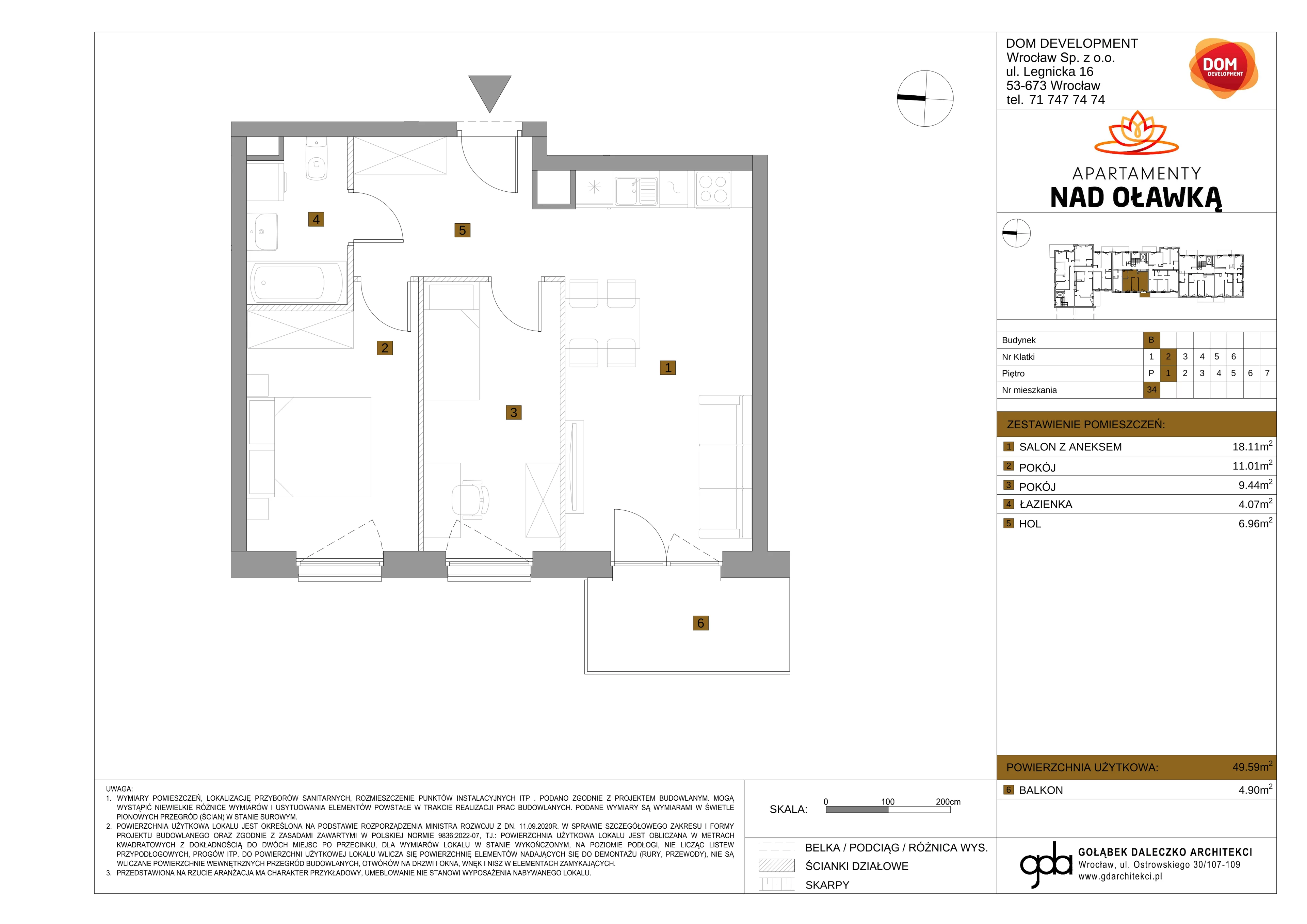 3 pokoje, mieszkanie 49,59 m², piętro 1, oferta nr B/34, Apartamenty nad Oławką 2, Wrocław, Przedmieście Oławskie, Krzyki, ul. Krakowska 98a