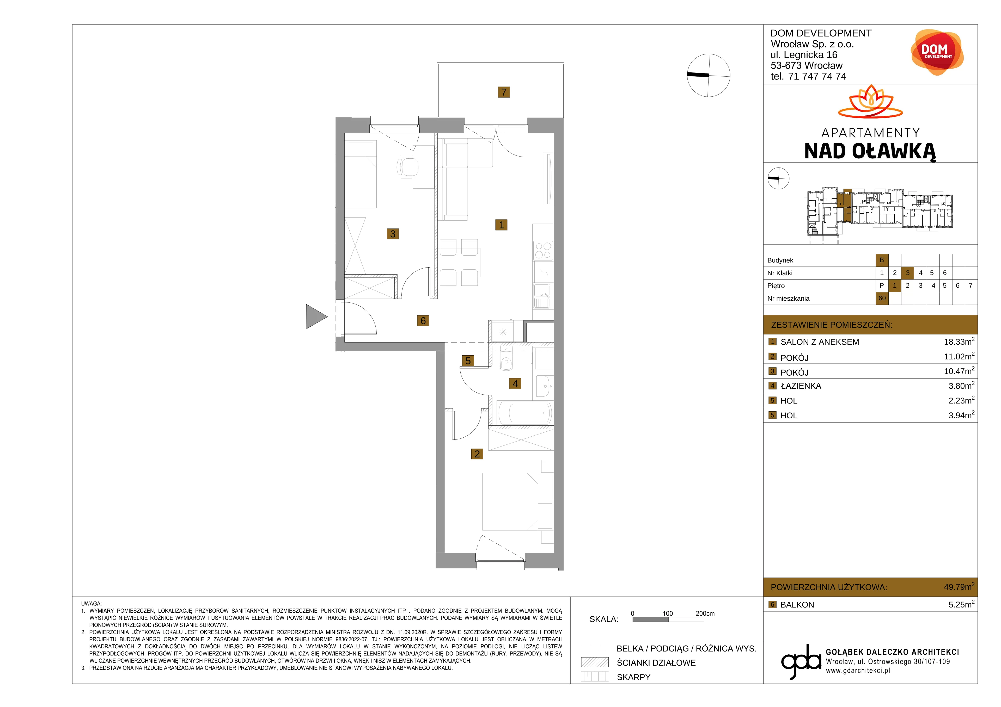 3 pokoje, mieszkanie 49,79 m², piętro 1, oferta nr B/60, Apartamenty nad Oławką 2, Wrocław, Przedmieście Oławskie, Krzyki, ul. Krakowska 98a