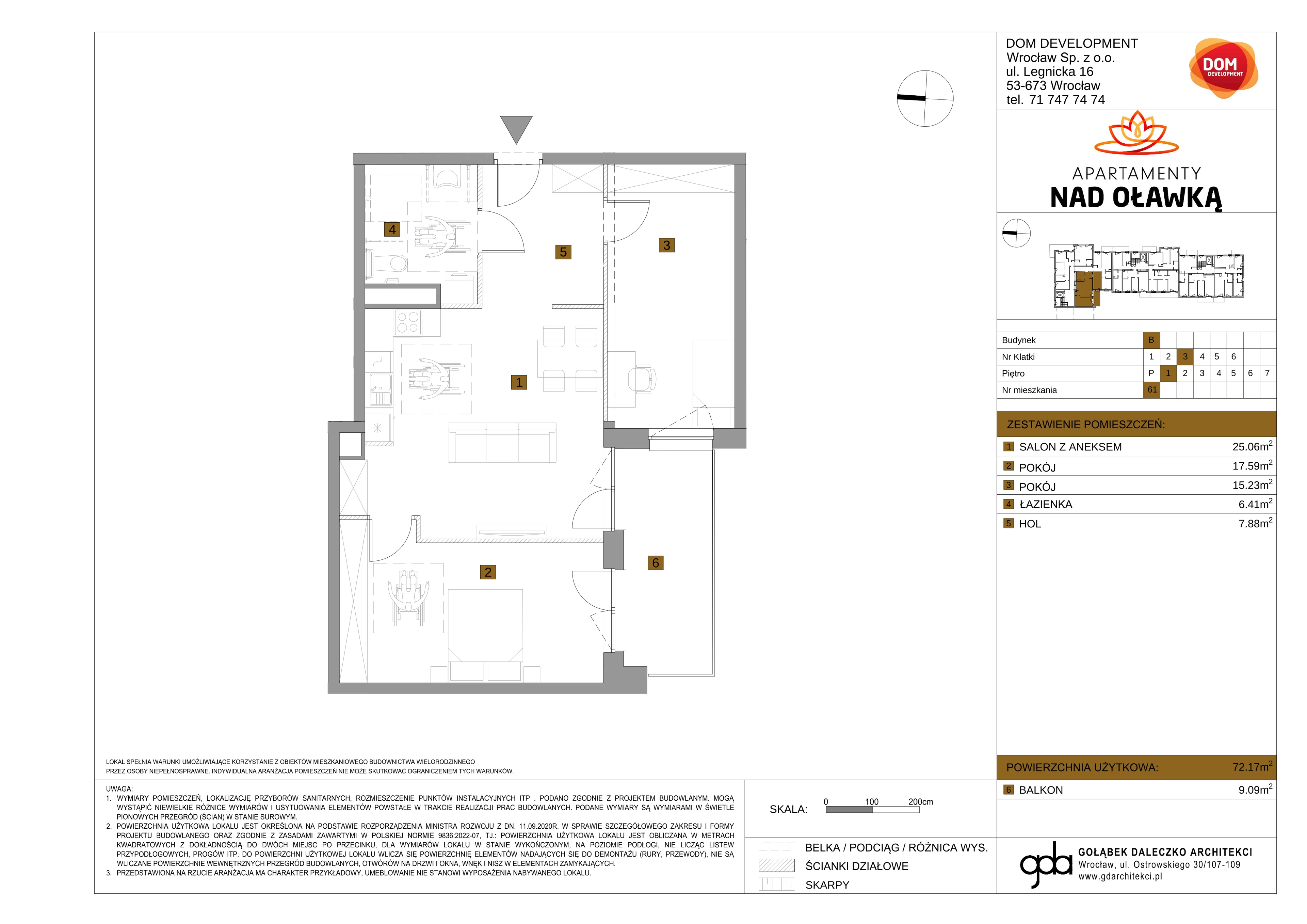 3 pokoje, mieszkanie 72,17 m², piętro 1, oferta nr B/61, Apartamenty nad Oławką 2, Wrocław, Przedmieście Oławskie, Krzyki, ul. Krakowska 98a