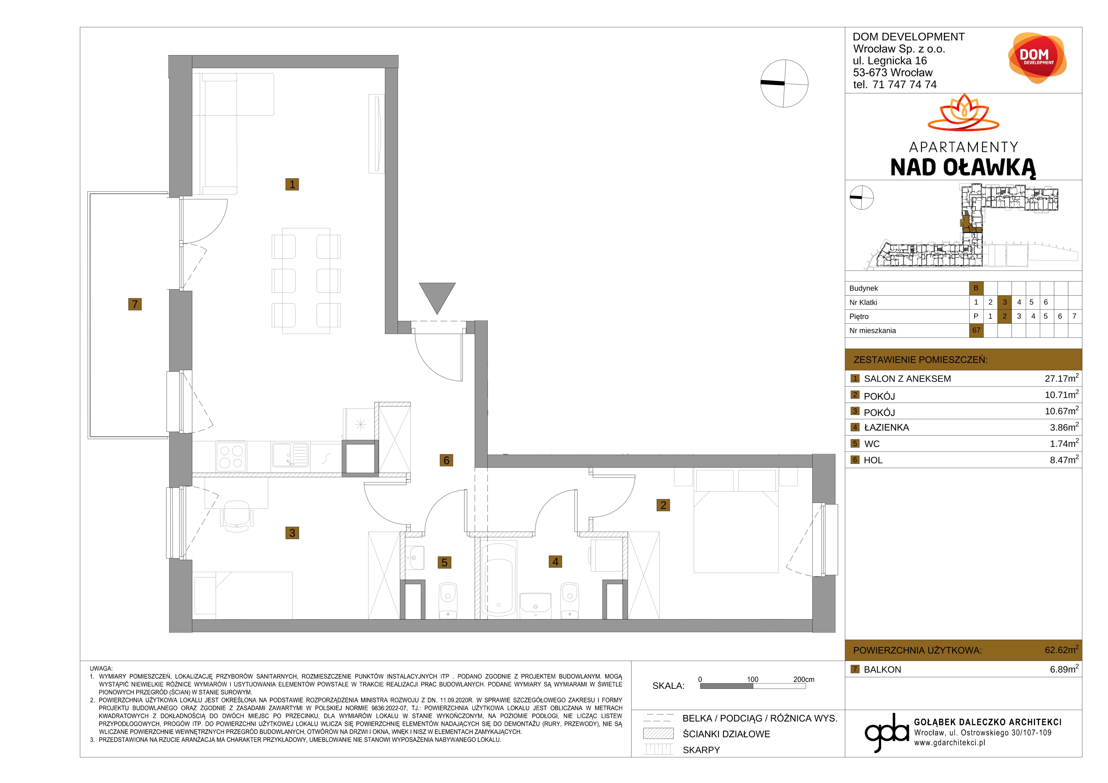 3 pokoje, mieszkanie 62,62 m², piętro 2, oferta nr B/67, Apartamenty nad Oławką 2, Wrocław, Przedmieście Oławskie, Krzyki, ul. Krakowska 98a