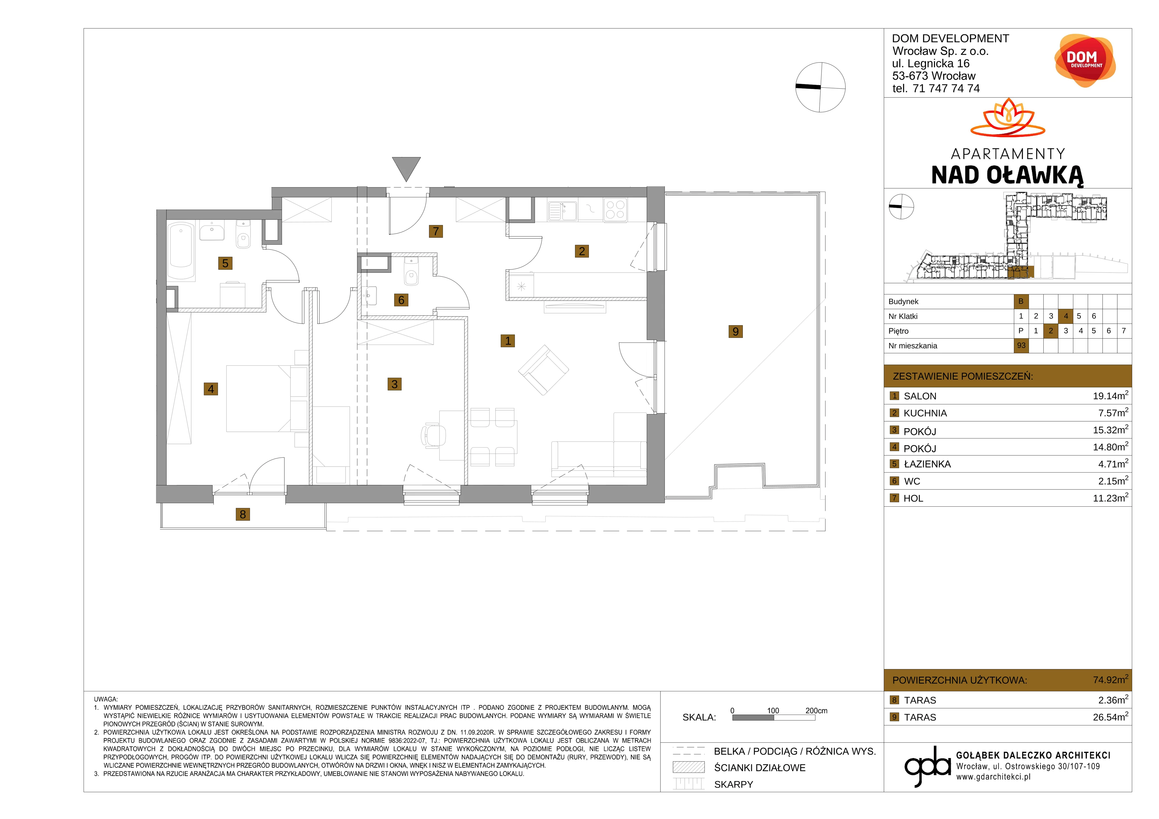 3 pokoje, mieszkanie 74,92 m², piętro 2, oferta nr B/93, Apartamenty nad Oławką 2, Wrocław, Przedmieście Oławskie, Krzyki, ul. Krakowska 98a