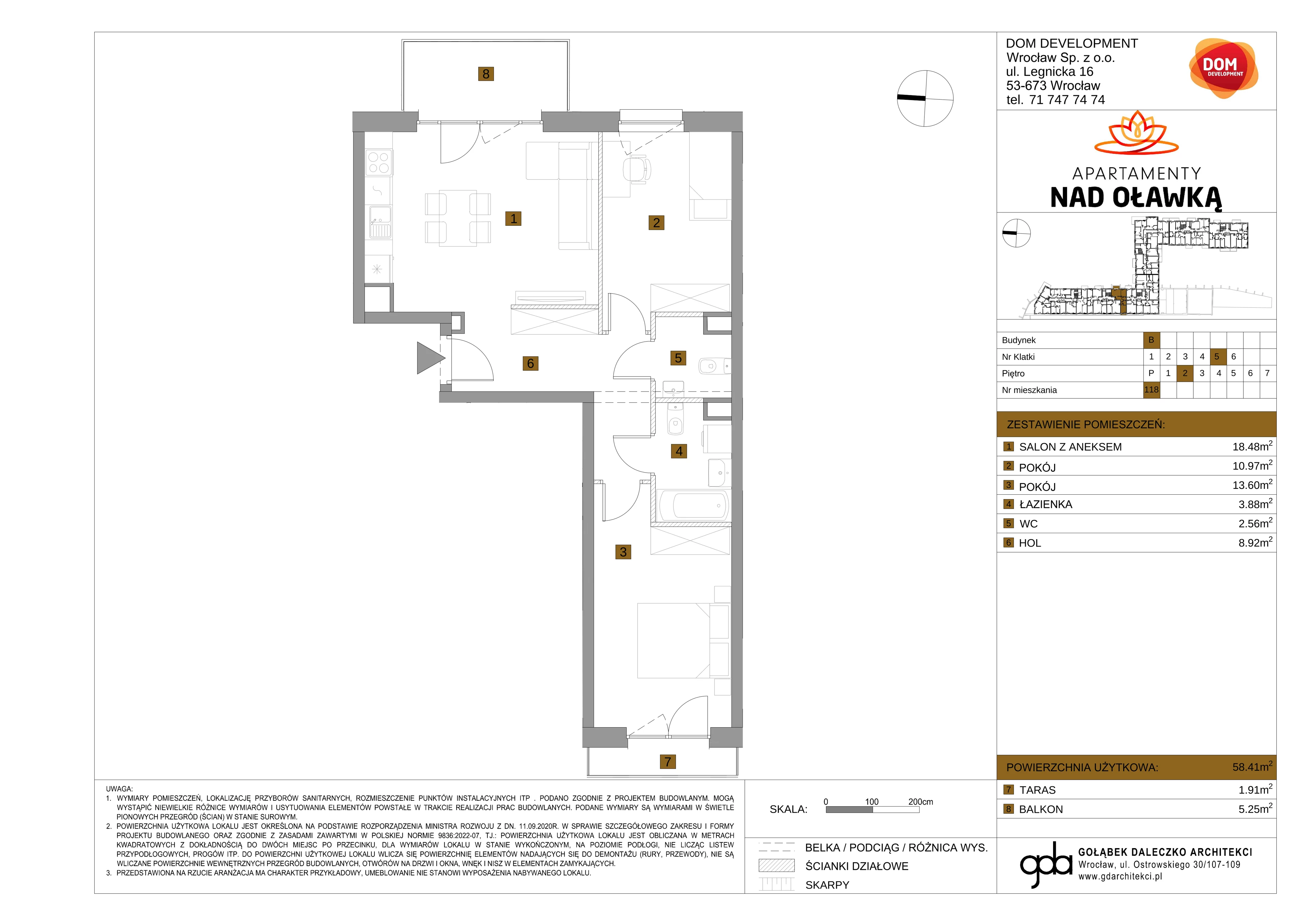 3 pokoje, mieszkanie 58,41 m², piętro 2, oferta nr B/118, Apartamenty nad Oławką 2, Wrocław, Przedmieście Oławskie, Krzyki, ul. Krakowska 98a