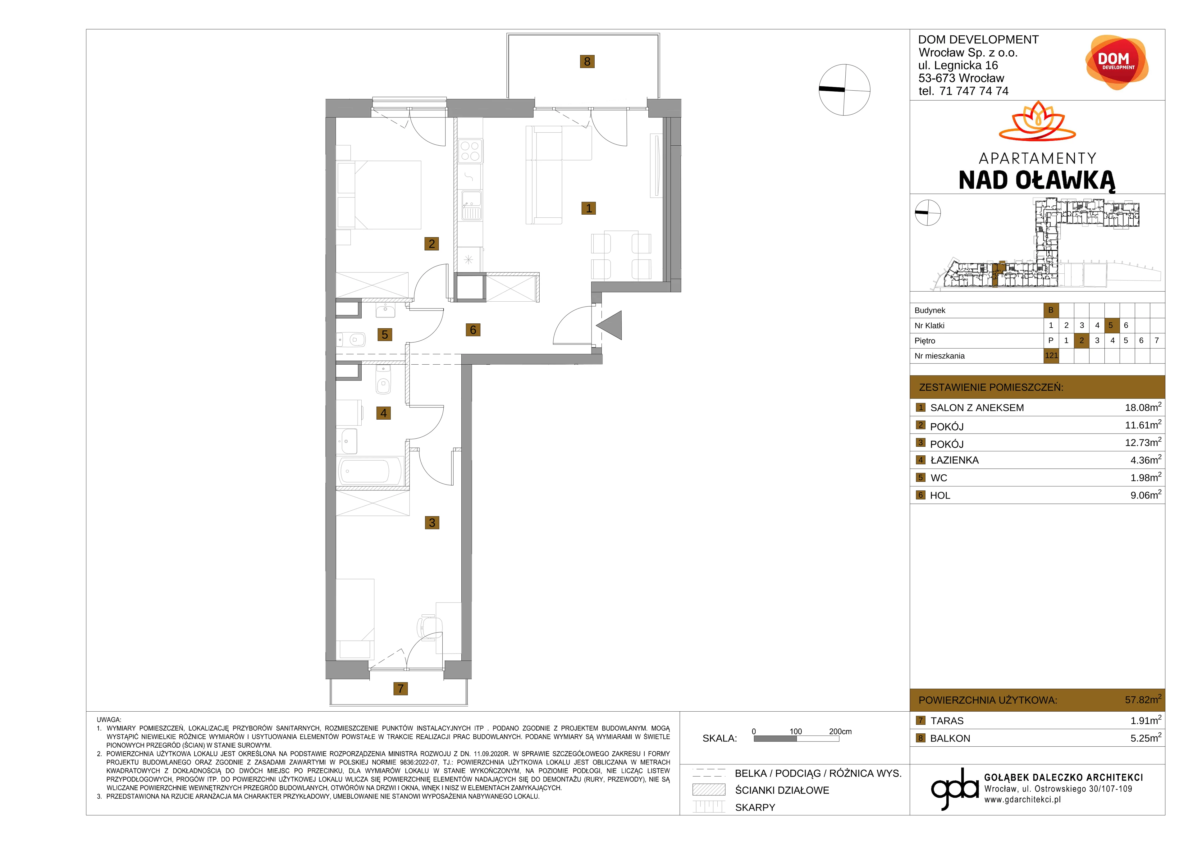3 pokoje, mieszkanie 57,82 m², piętro 2, oferta nr B/121, Apartamenty nad Oławką 2, Wrocław, Przedmieście Oławskie, Krzyki, ul. Krakowska 98a