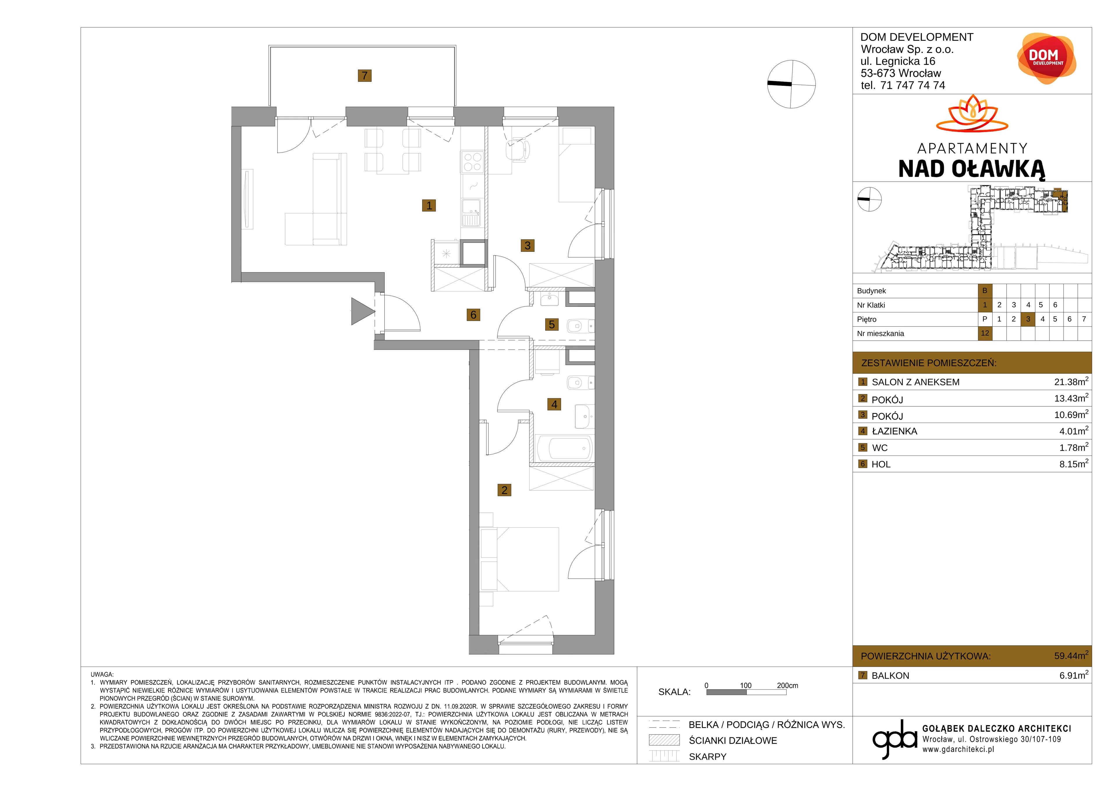 3 pokoje, mieszkanie 59,44 m², piętro 3, oferta nr B/12, Apartamenty nad Oławką 2, Wrocław, Przedmieście Oławskie, Krzyki, ul. Krakowska 98a