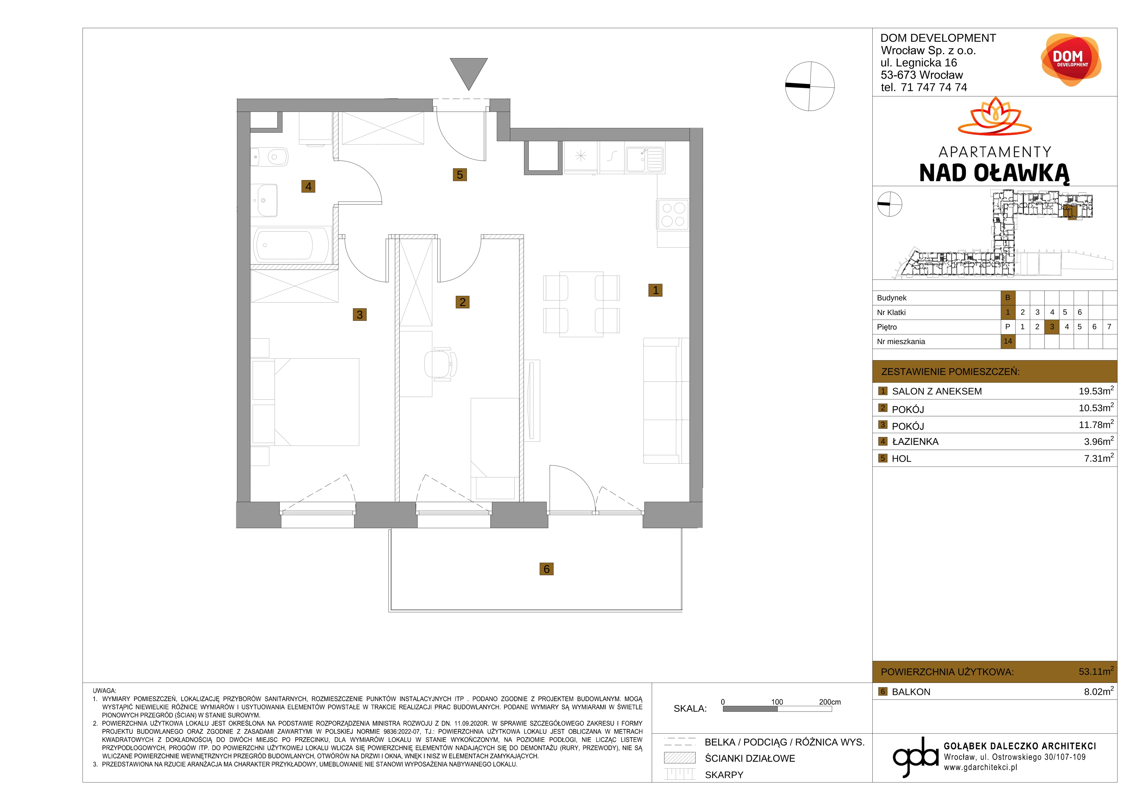 3 pokoje, mieszkanie 53,11 m², piętro 3, oferta nr B/14, Apartamenty nad Oławką 2, Wrocław, Przedmieście Oławskie, Krzyki, ul. Krakowska 98a