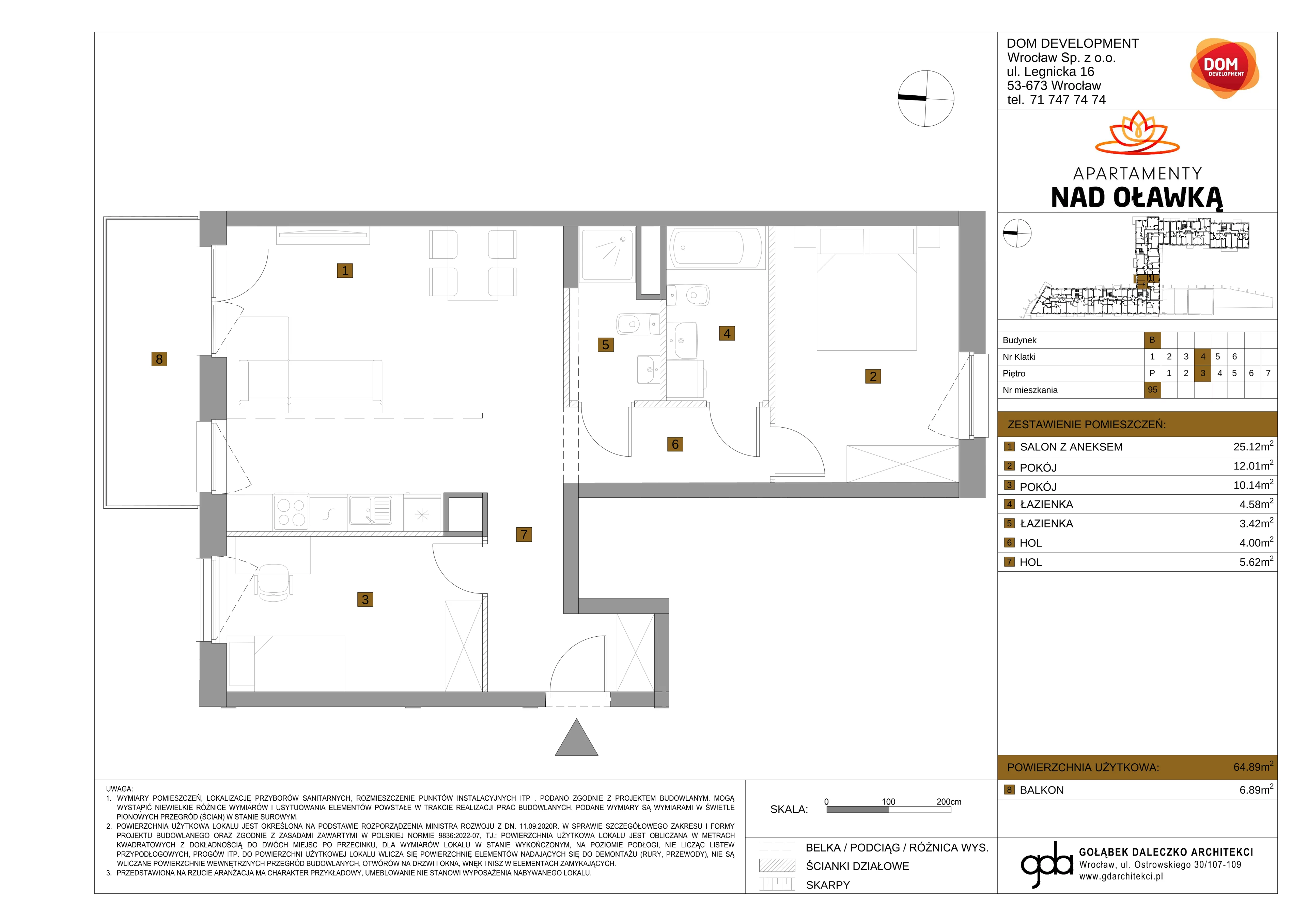 3 pokoje, mieszkanie 64,89 m², piętro 3, oferta nr B/95, Apartamenty nad Oławką 2, Wrocław, Przedmieście Oławskie, Krzyki, ul. Krakowska 98a