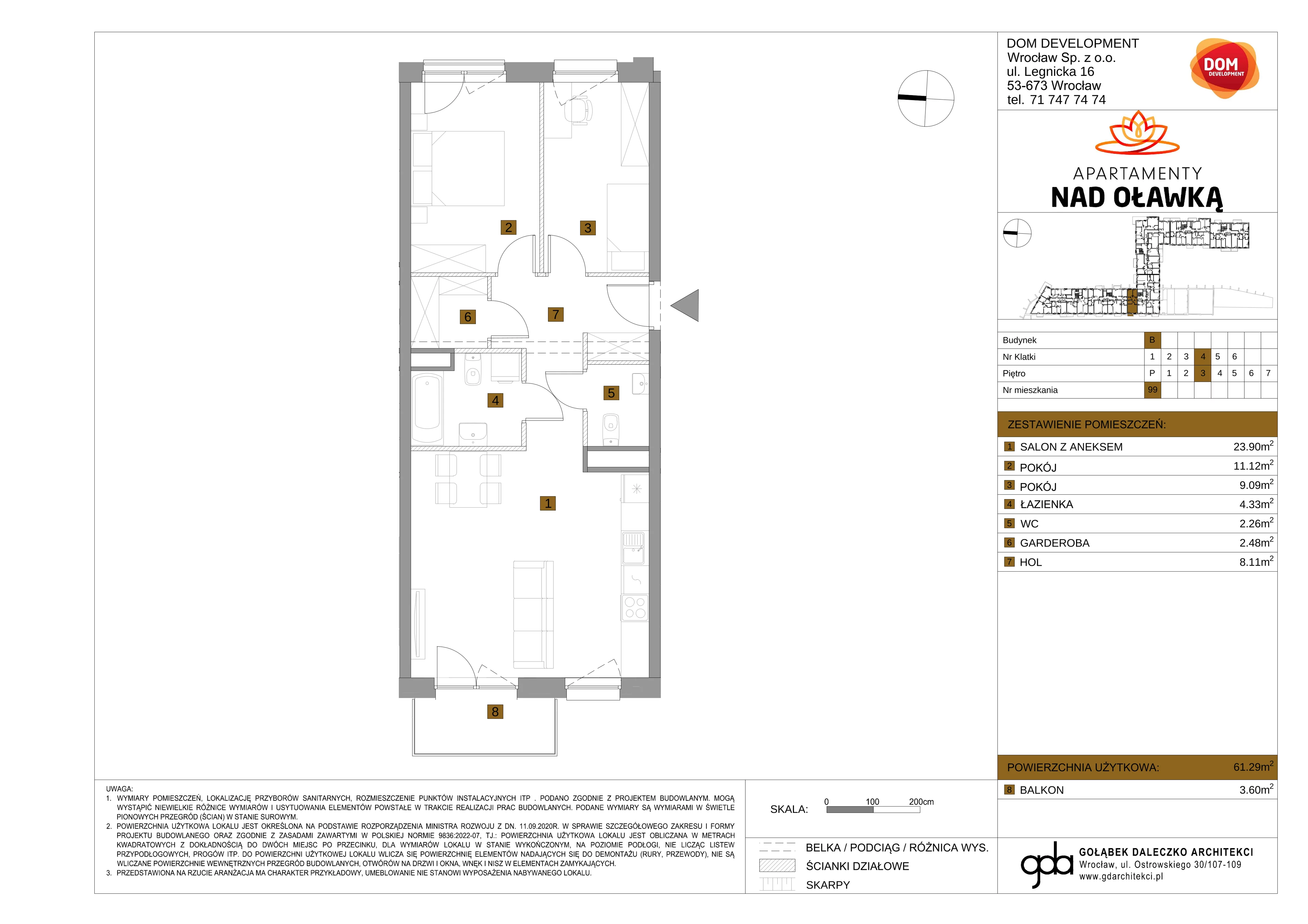 3 pokoje, mieszkanie 61,29 m², piętro 3, oferta nr B/99, Apartamenty nad Oławką 2, Wrocław, Przedmieście Oławskie, Krzyki, ul. Krakowska 98a