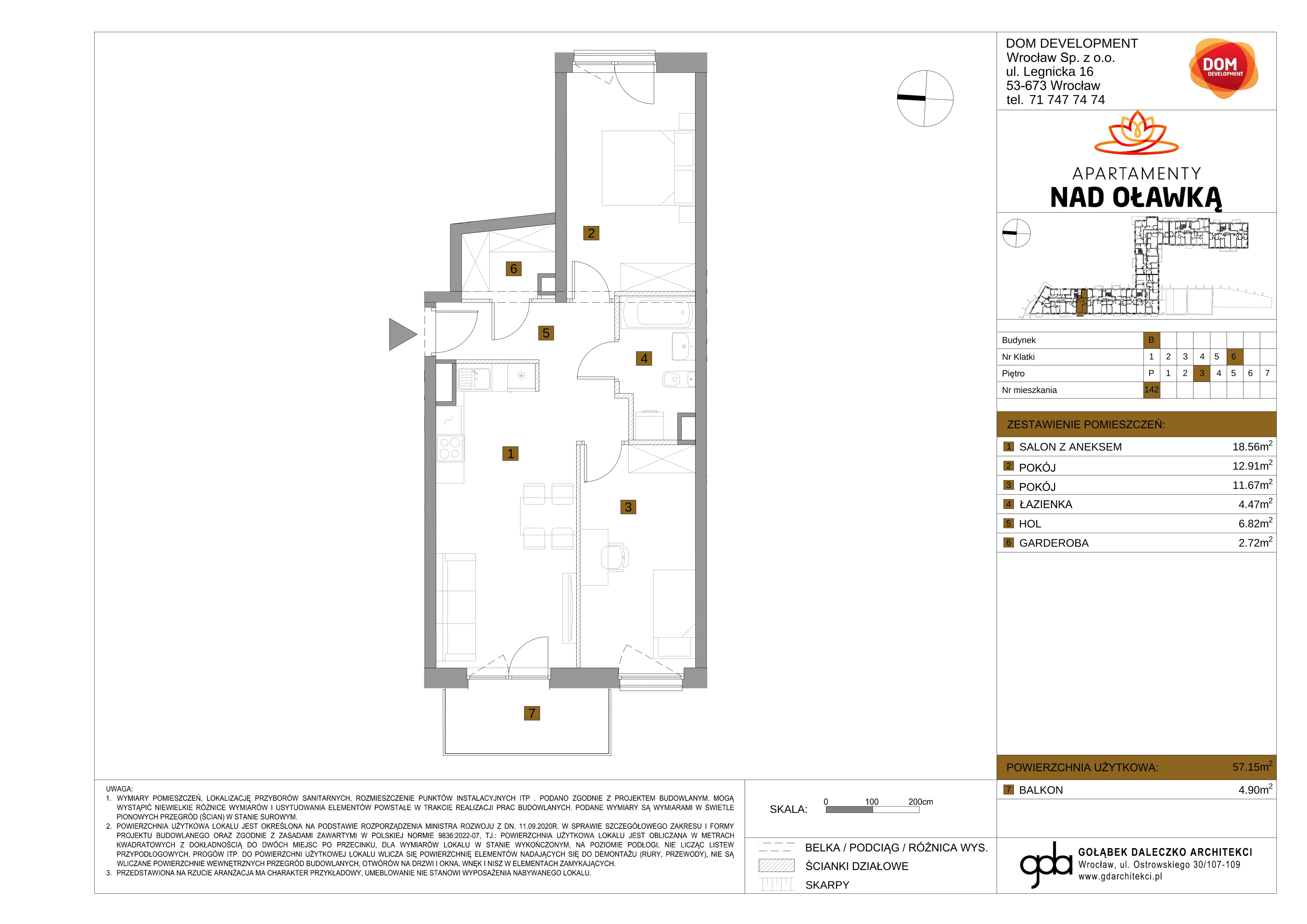3 pokoje, mieszkanie 57,15 m², piętro 3, oferta nr B/142, Apartamenty nad Oławką 2, Wrocław, Przedmieście Oławskie, Krzyki, ul. Krakowska 98a