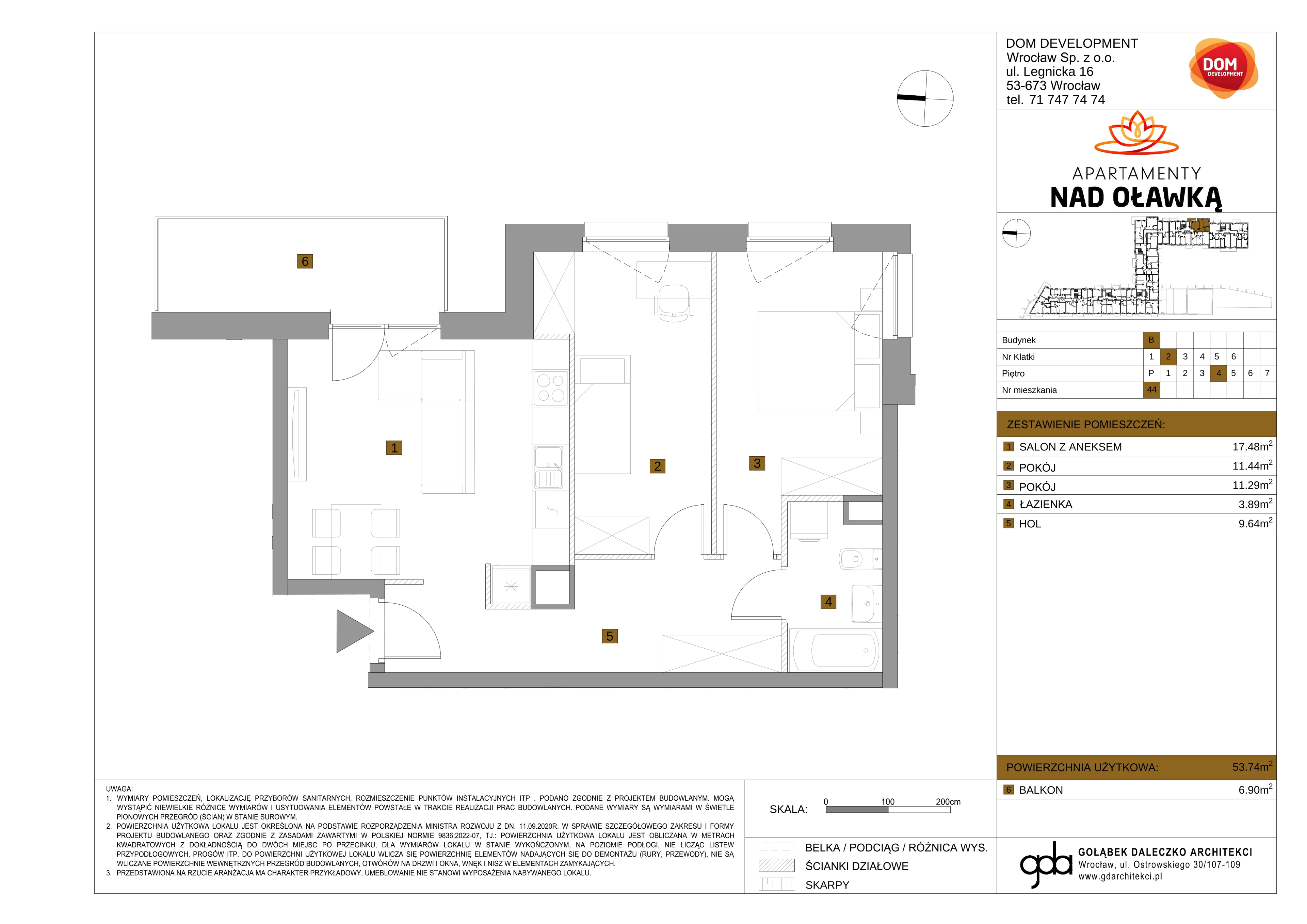 3 pokoje, mieszkanie 53,74 m², piętro 4, oferta nr B/44, Apartamenty nad Oławką 2, Wrocław, Przedmieście Oławskie, Krzyki, ul. Krakowska 98a