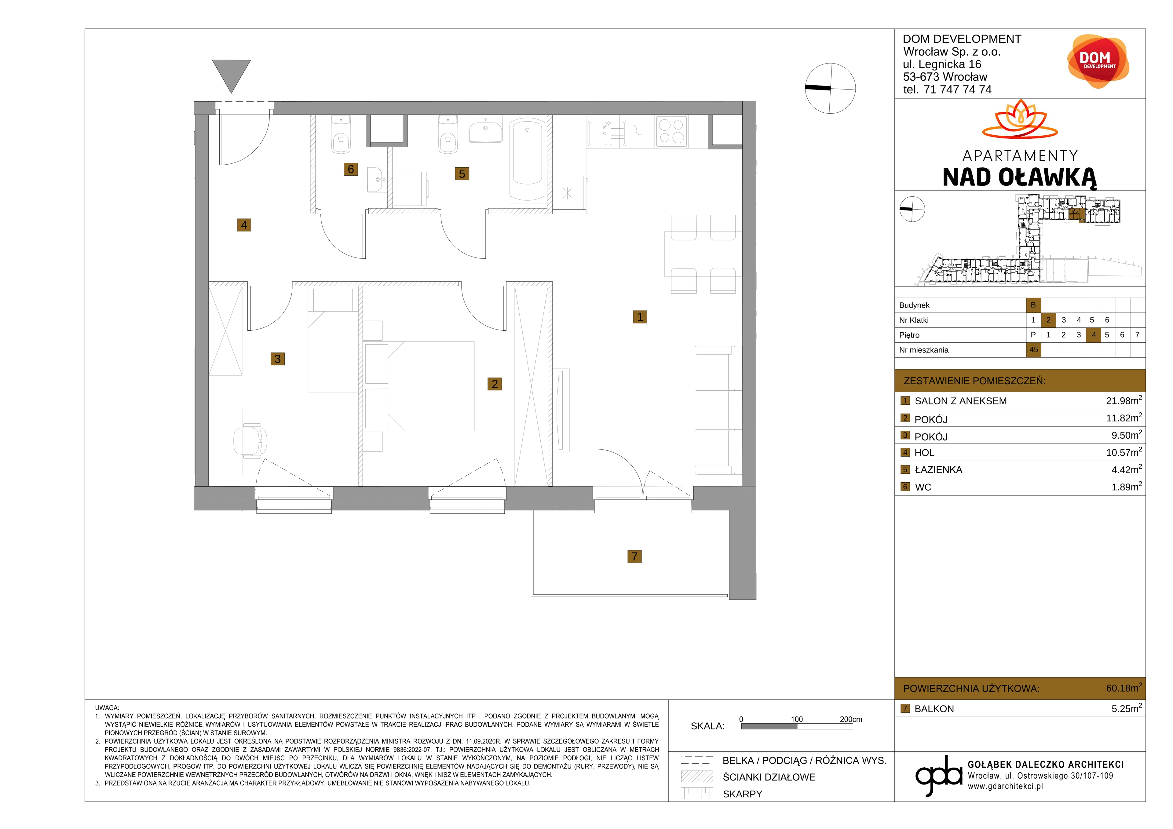 3 pokoje, mieszkanie 60,18 m², piętro 4, oferta nr B/45, Apartamenty nad Oławką 2, Wrocław, Przedmieście Oławskie, Krzyki, ul. Krakowska 98a