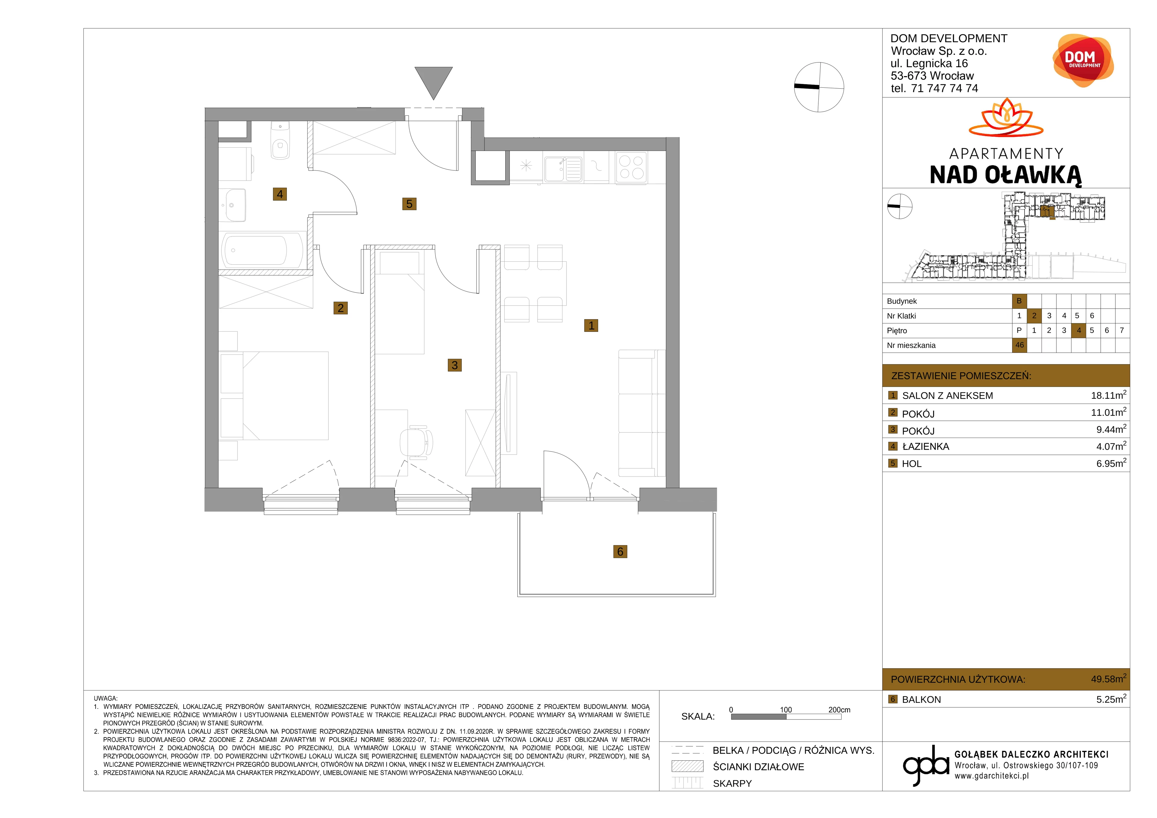 3 pokoje, mieszkanie 49,58 m², piętro 4, oferta nr B/46, Apartamenty nad Oławką 2, Wrocław, Przedmieście Oławskie, Krzyki, ul. Krakowska 98a