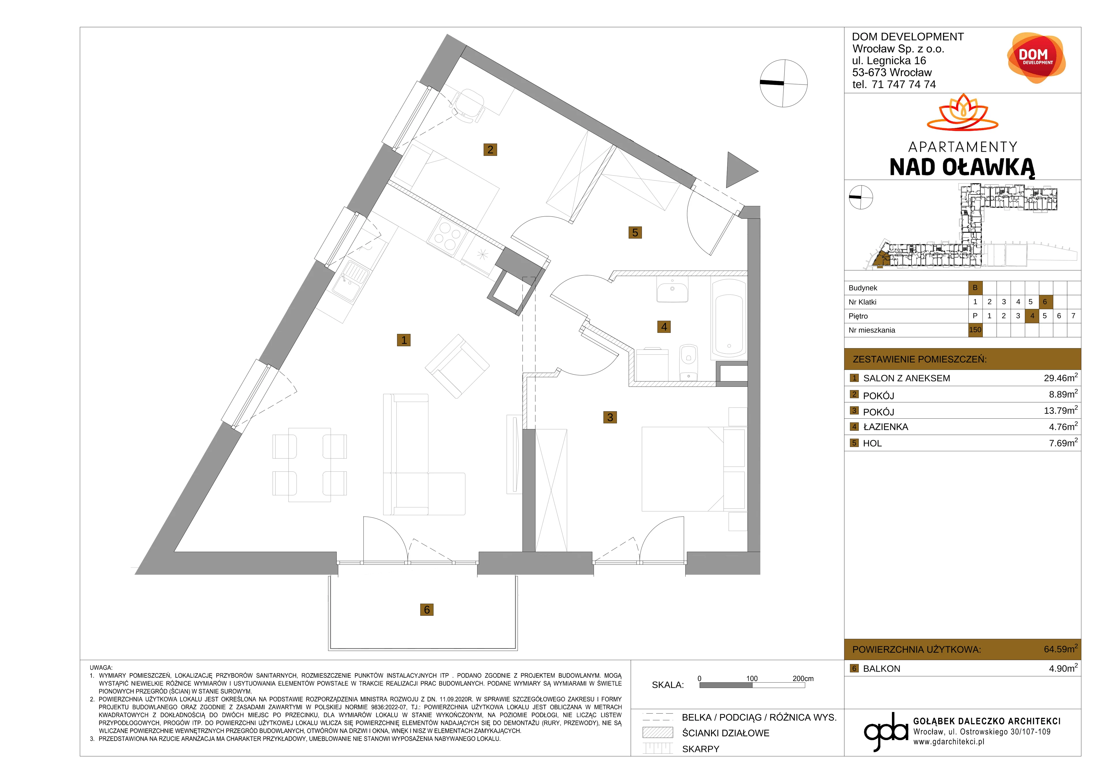 3 pokoje, mieszkanie 64,59 m², piętro 4, oferta nr B/150, Apartamenty nad Oławką 2, Wrocław, Przedmieście Oławskie, Krzyki, ul. Krakowska 98a
