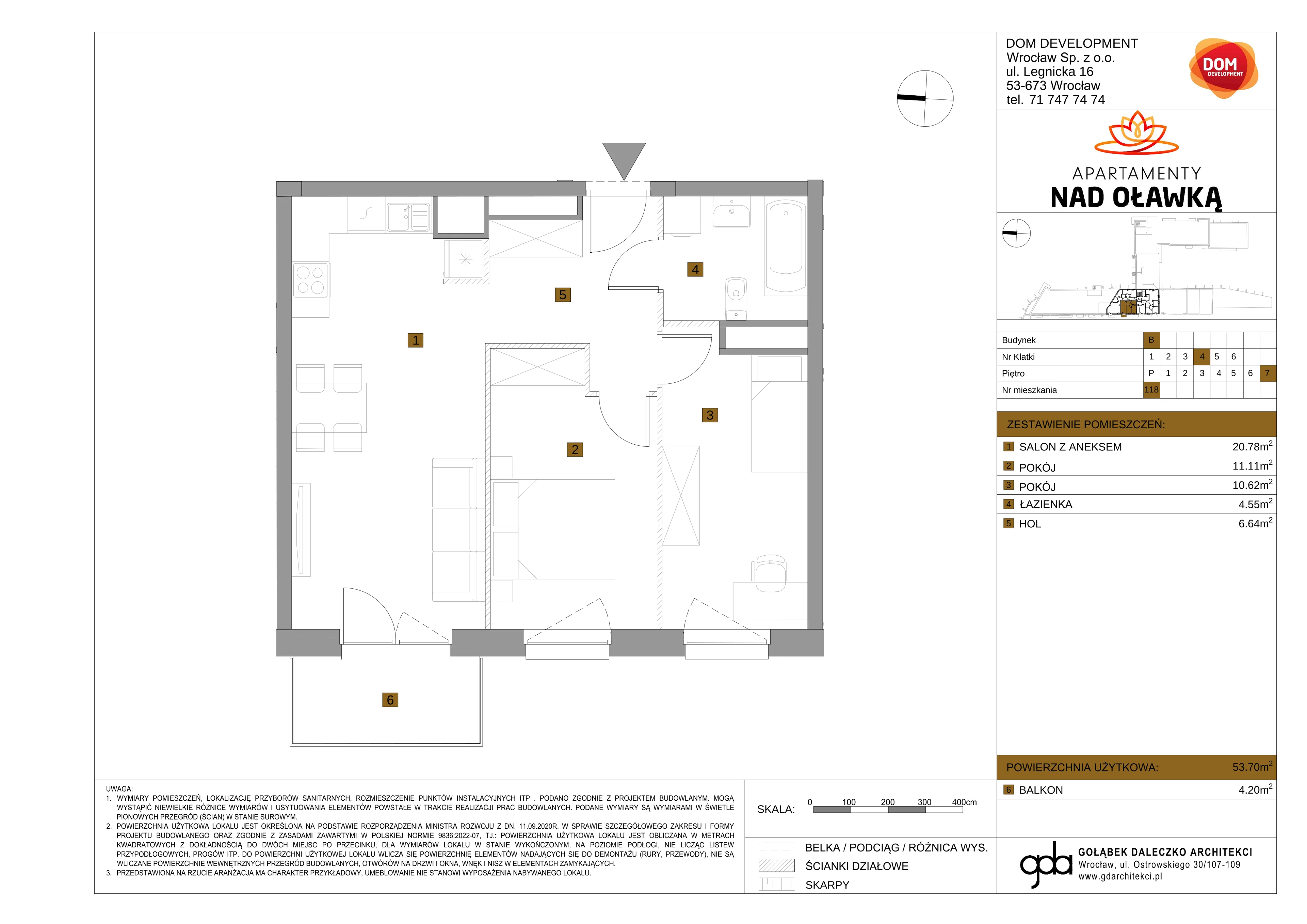 3 pokoje, mieszkanie 53,70 m², piętro 7, oferta nr B/116, Apartamenty nad Oławką 2, Wrocław, Przedmieście Oławskie, Krzyki, ul. Krakowska 98a