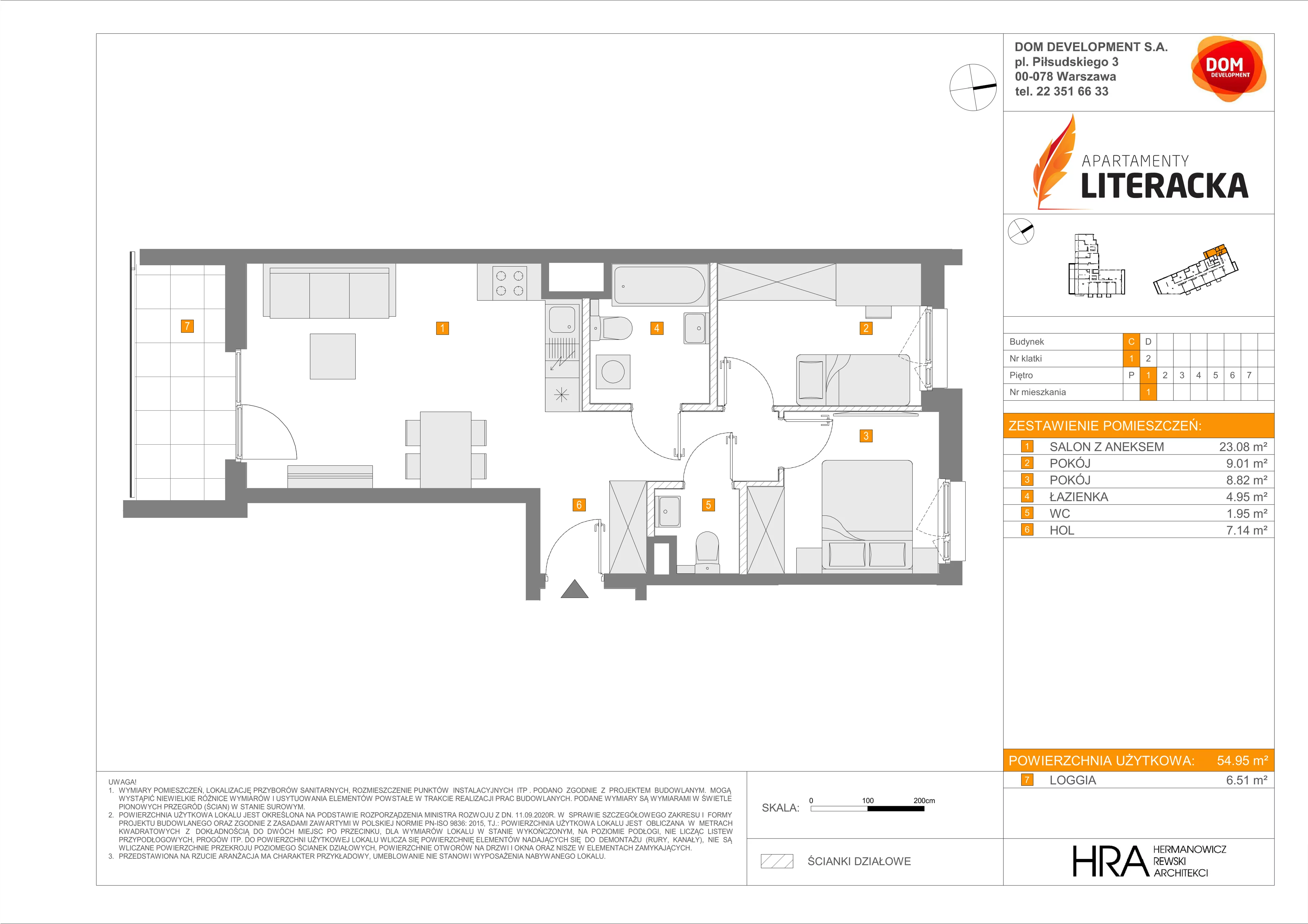 3 pokoje, mieszkanie 54,95 m², piętro 1, oferta nr C/1, Apartamenty Literacka 2, Warszawa, Bielany, Piaski, ul. Literacka