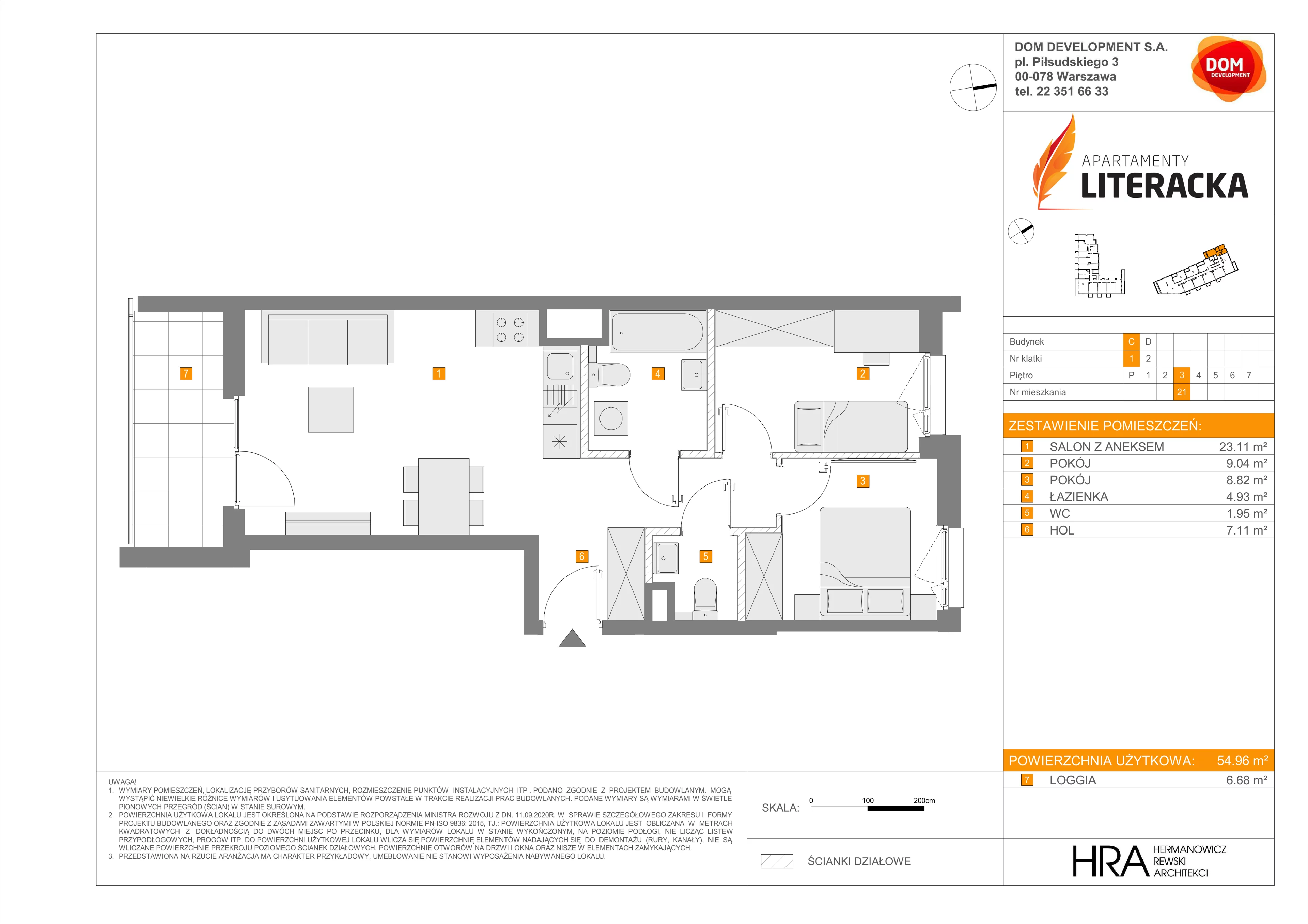 3 pokoje, mieszkanie 54,96 m², piętro 3, oferta nr C/21, Apartamenty Literacka 2, Warszawa, Bielany, Piaski, ul. Literacka